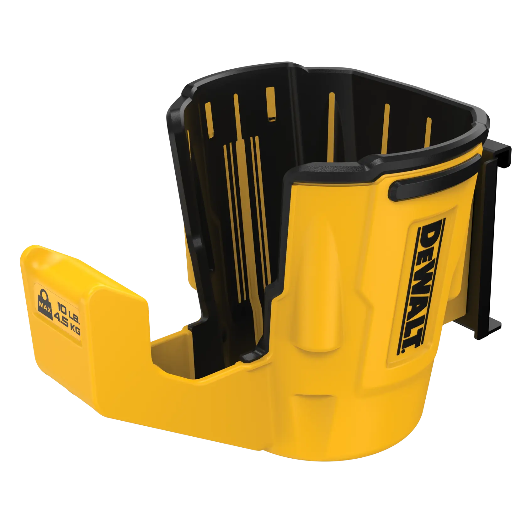 Yellow DEWALT plastic tool holder with black accents, designed for carrying tools, max load 10 lbs.