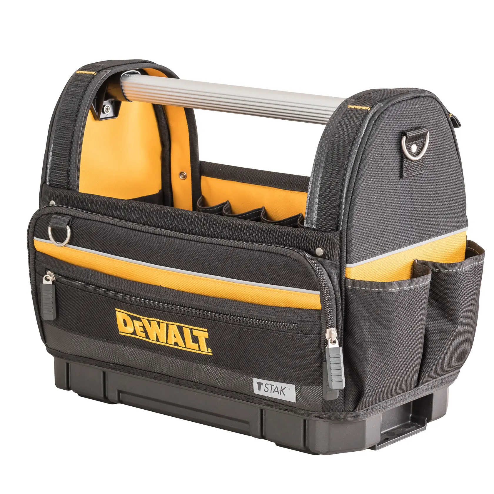 Bolsa de herramientas DEWALT negra y amarilla con bolsillos, cremallera frontal y asa metálica.