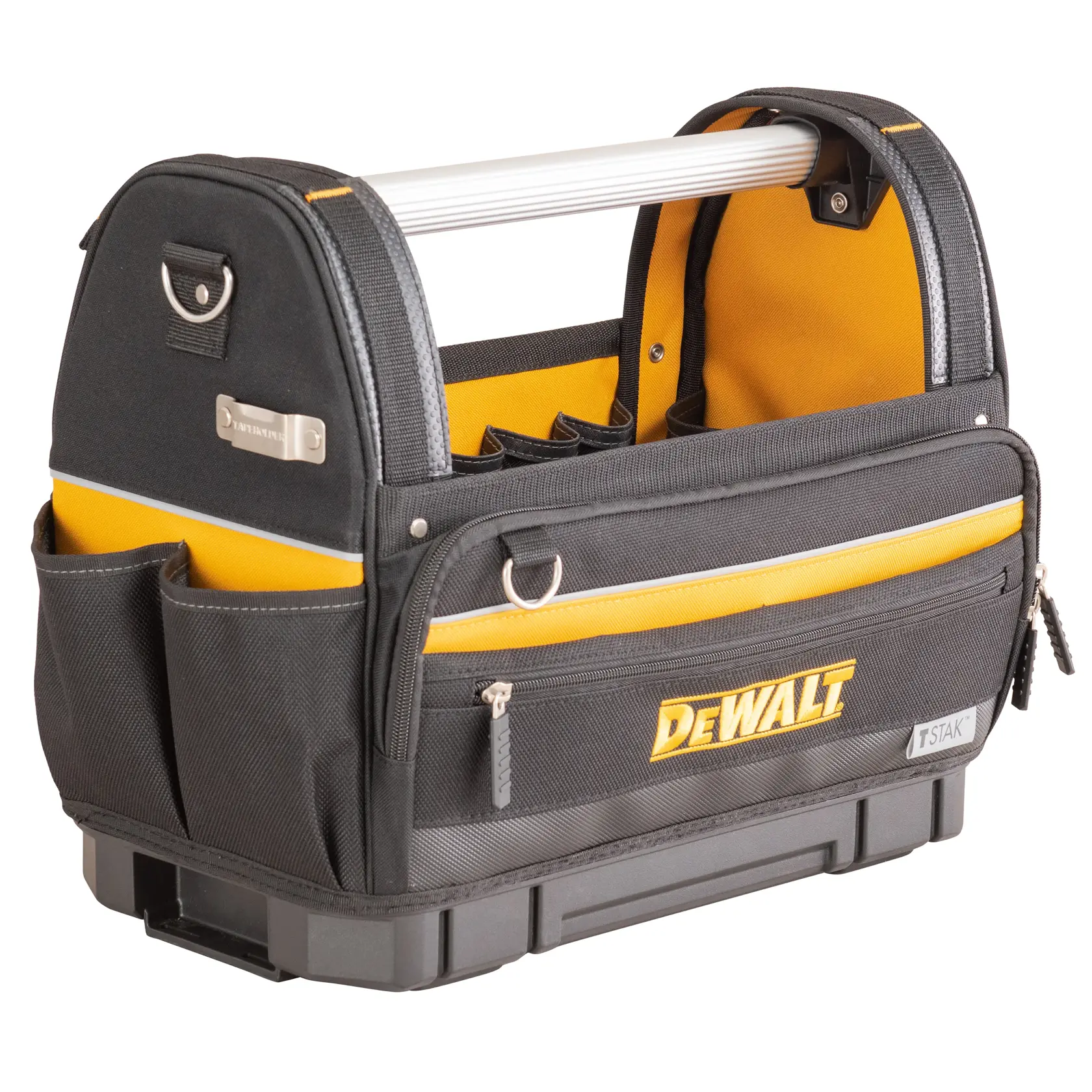 Bolsa de herramientas DEWALT TSTAK con varios bolsillos, asa reforzada y diseño amarillo-negro.