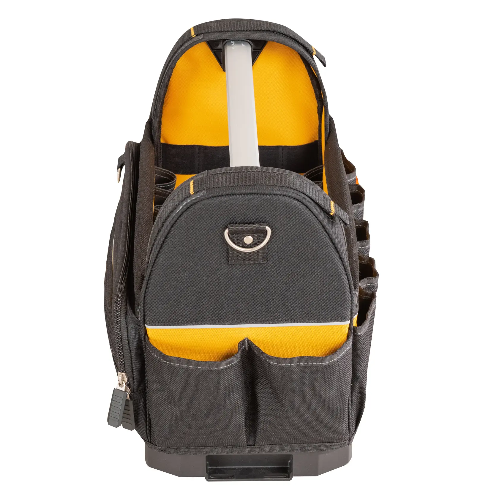 Bolsa de herramientas DEWALT negra y amarilla, varios bolsillos, asa resistente y compartimentos organizados.