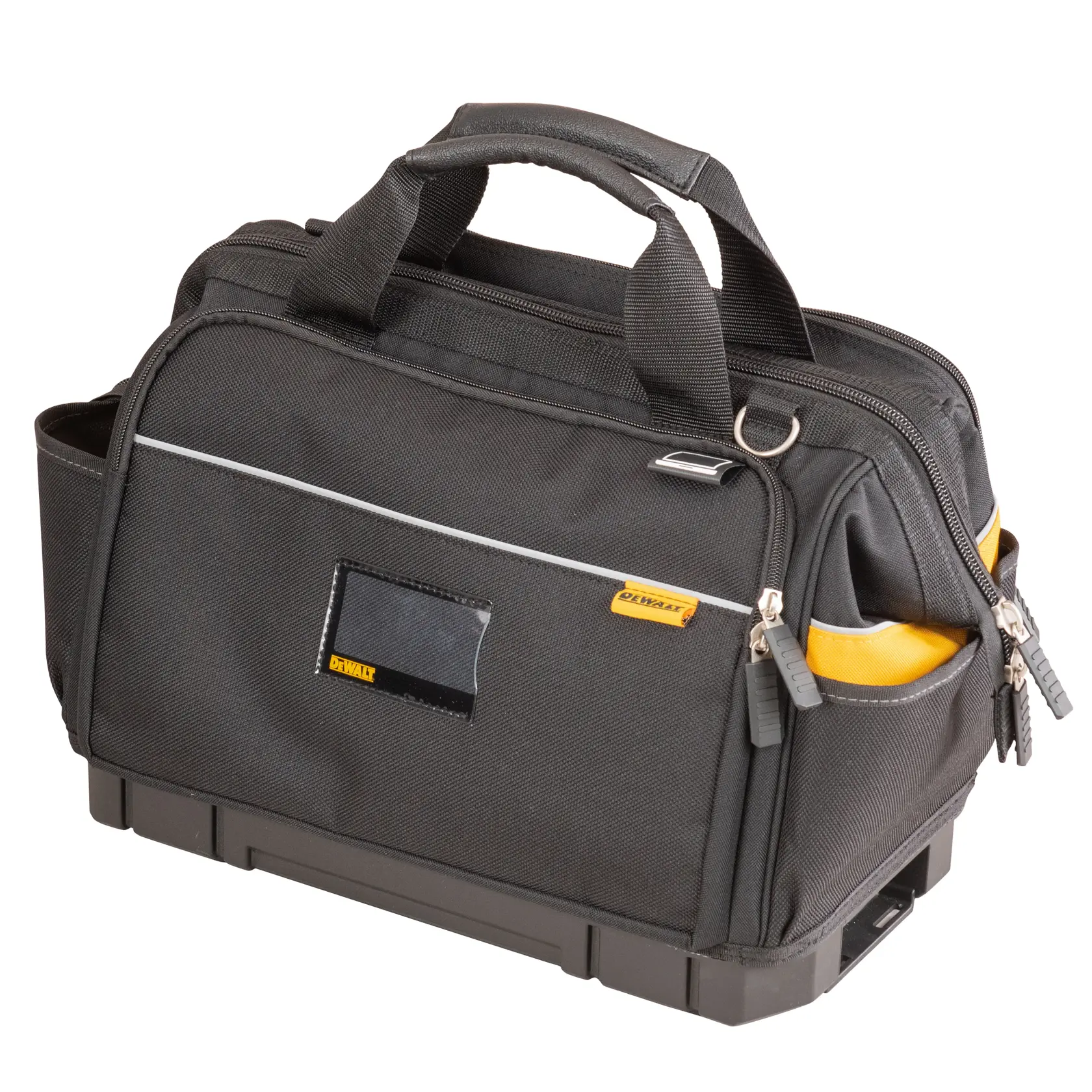 Bolsa de herramientas DEWALT negra con cremalleras, bolsillos laterales, asas superiores y base reforzada.