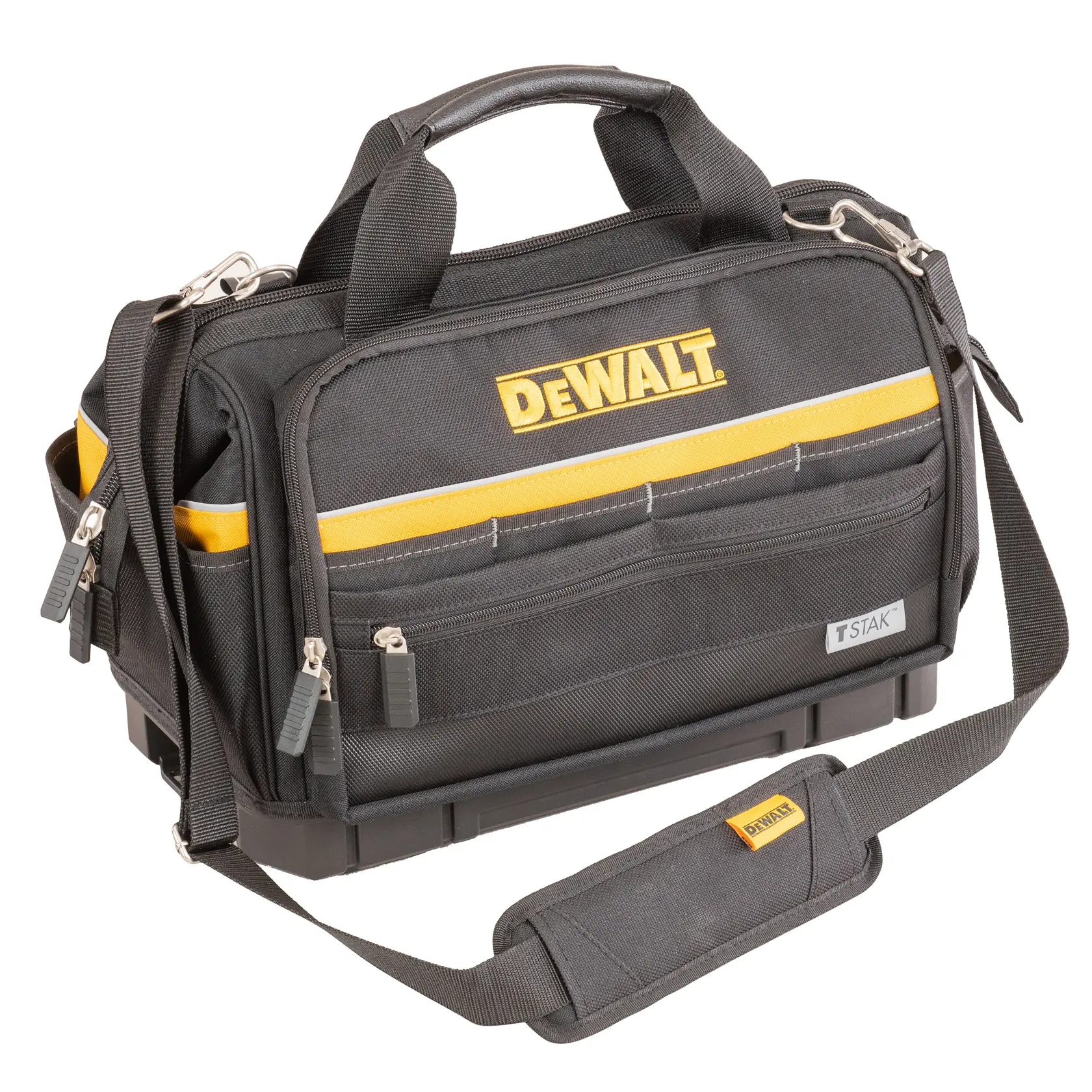 Bolsa de herramientas DEWALT negra con detalles amarillos, correa, bolsillos con cremallera y asa.
