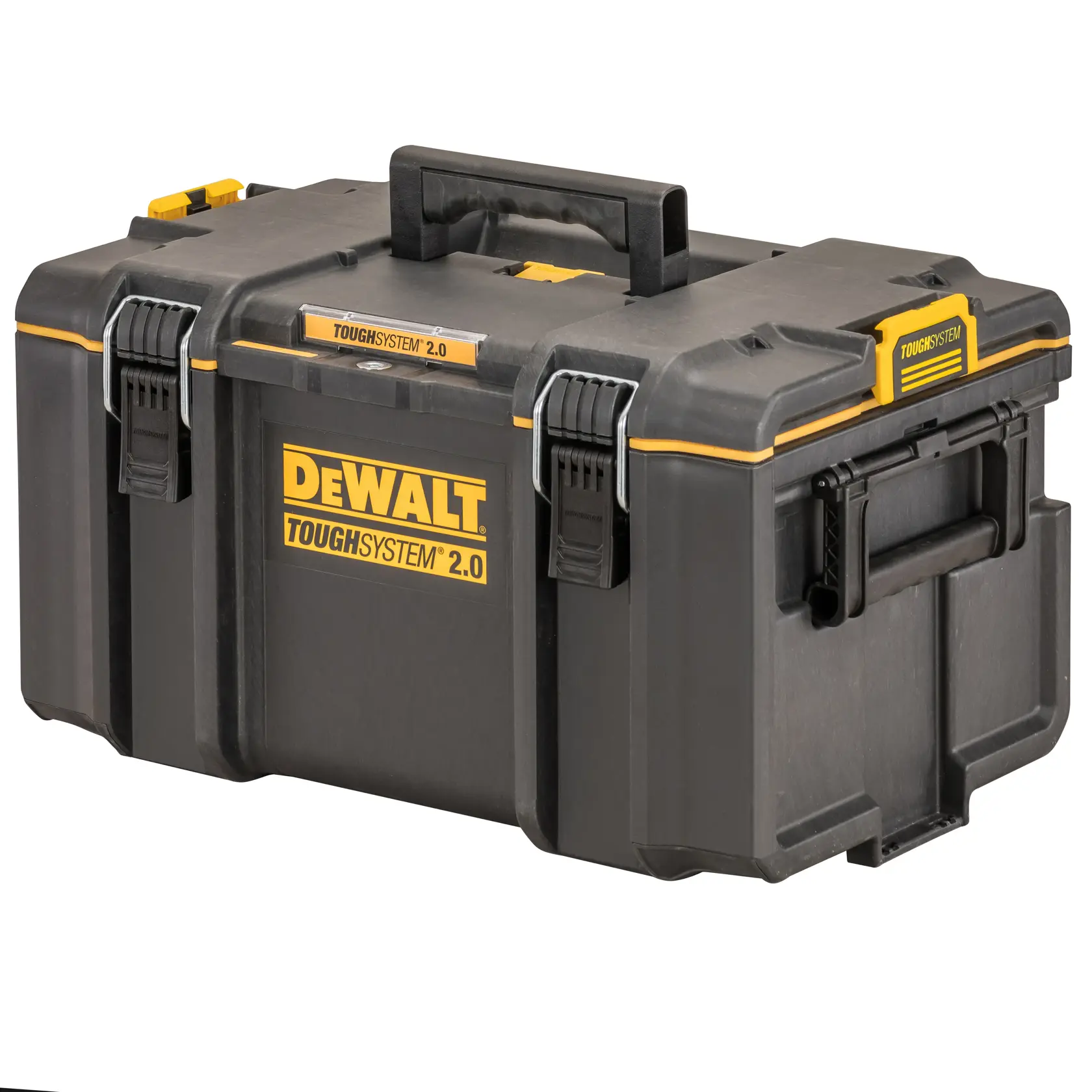 DEWALT ToughSystem 2.0 Werkzeugkasten in Schwarz und Gelb mit stabilen Griffen und sicheren Verschlüssen.