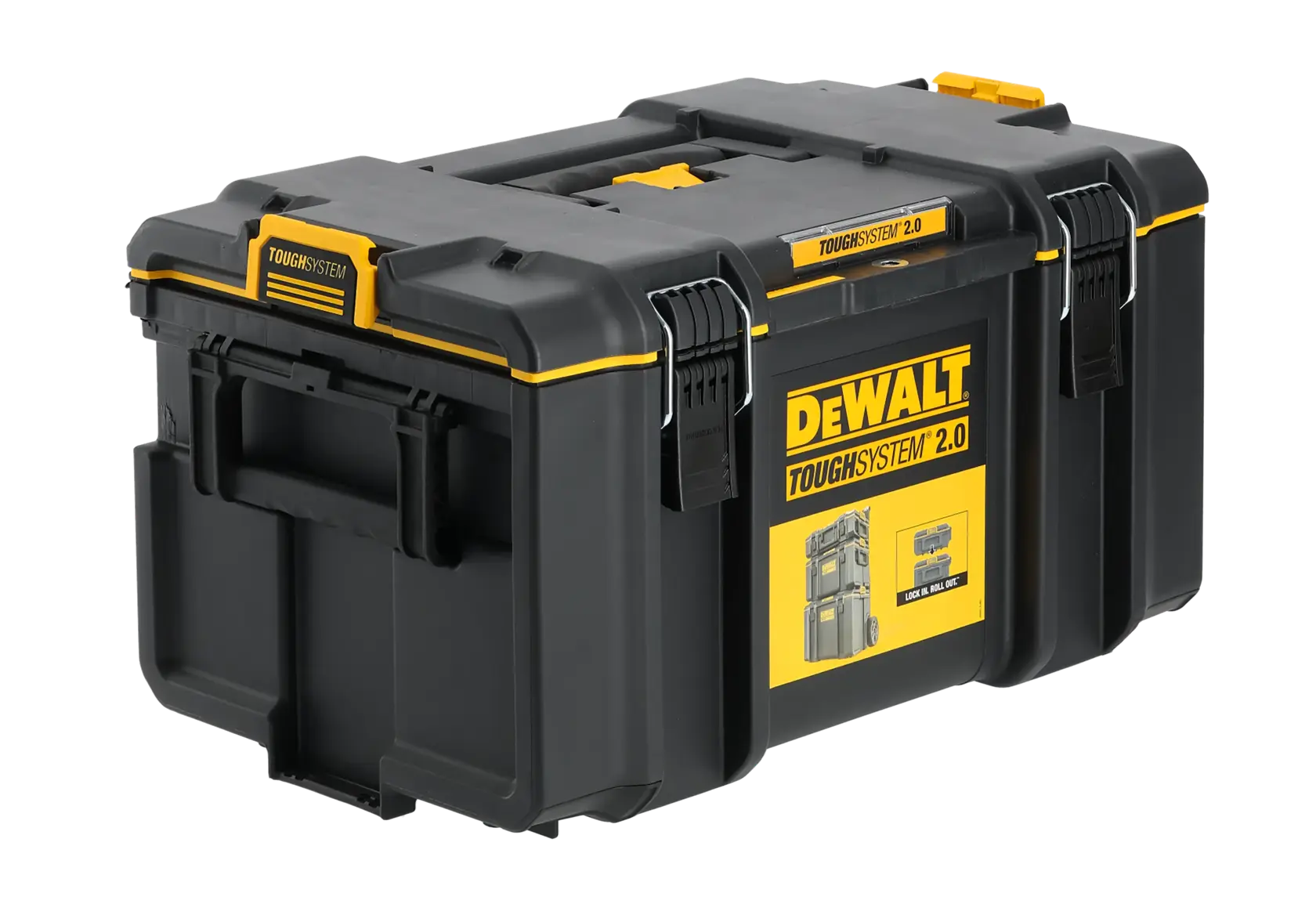 DEWALT TOUGHSYSTEM 2.0 Werkzeugkiste in Schwarz-Gelb mit Griff und Verschlüssen, vor weißem Hintergrund.