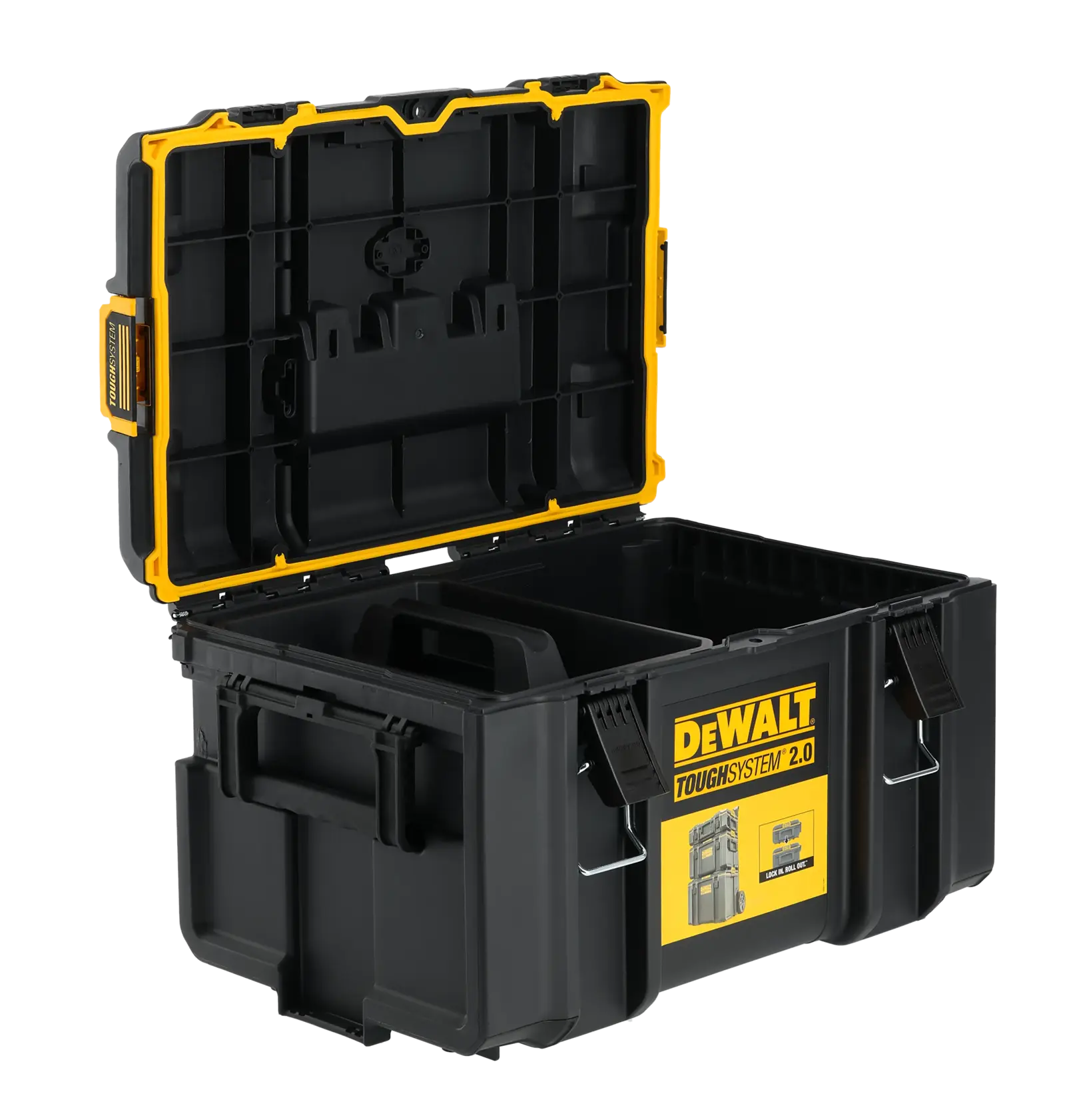 DEWALT ToughSystem 2.0 schwarze Werkzeugbox mit offenem Deckel und geteiltem Innenraum.
