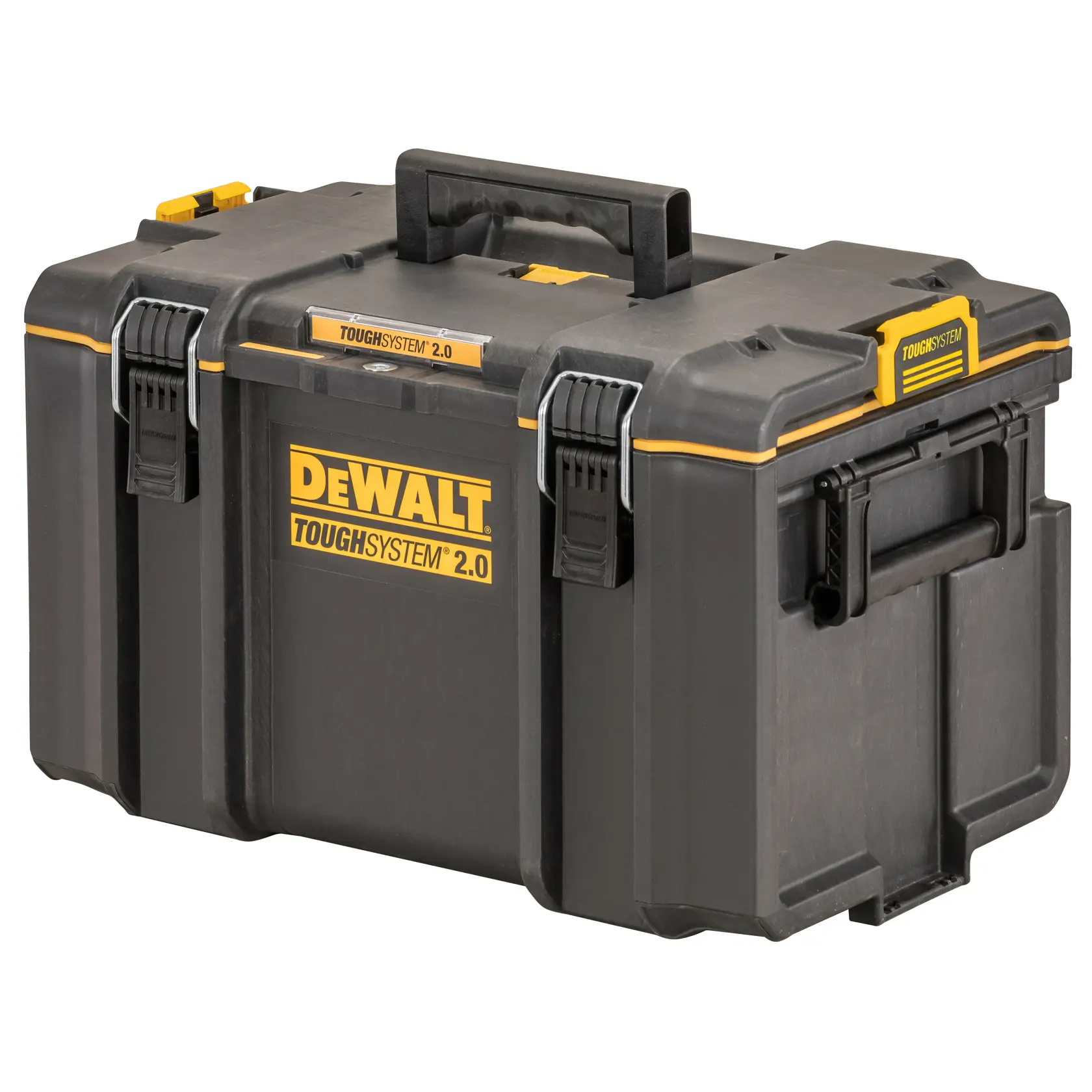 Caja de herramientas DEWALT ToughSystem 2.0 negra con asas y cierres para transporte seguro.
