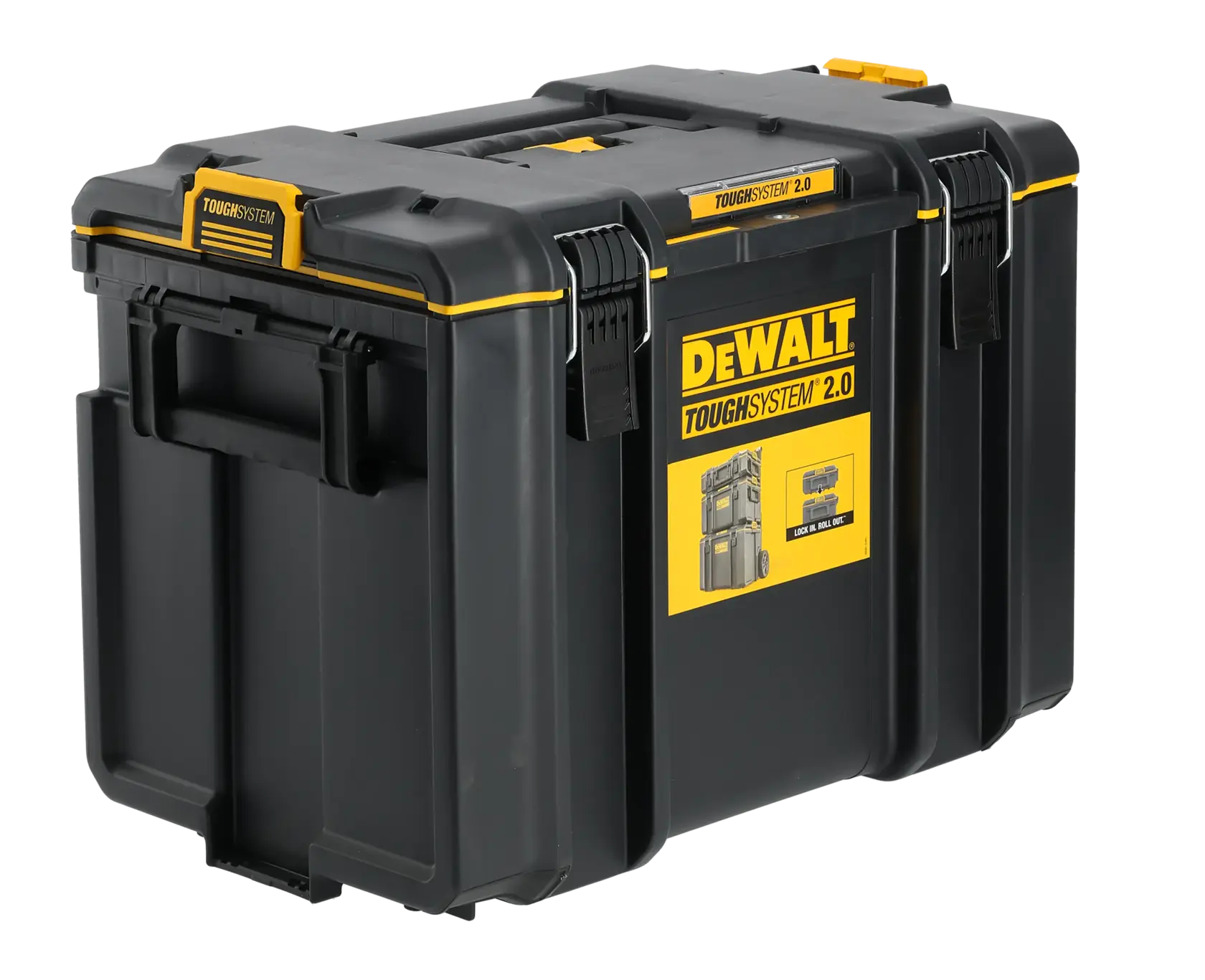 Caja de almacenamiento negra DEWALT ToughSystem 2.0 con detalles amarillos y cierres resistentes.