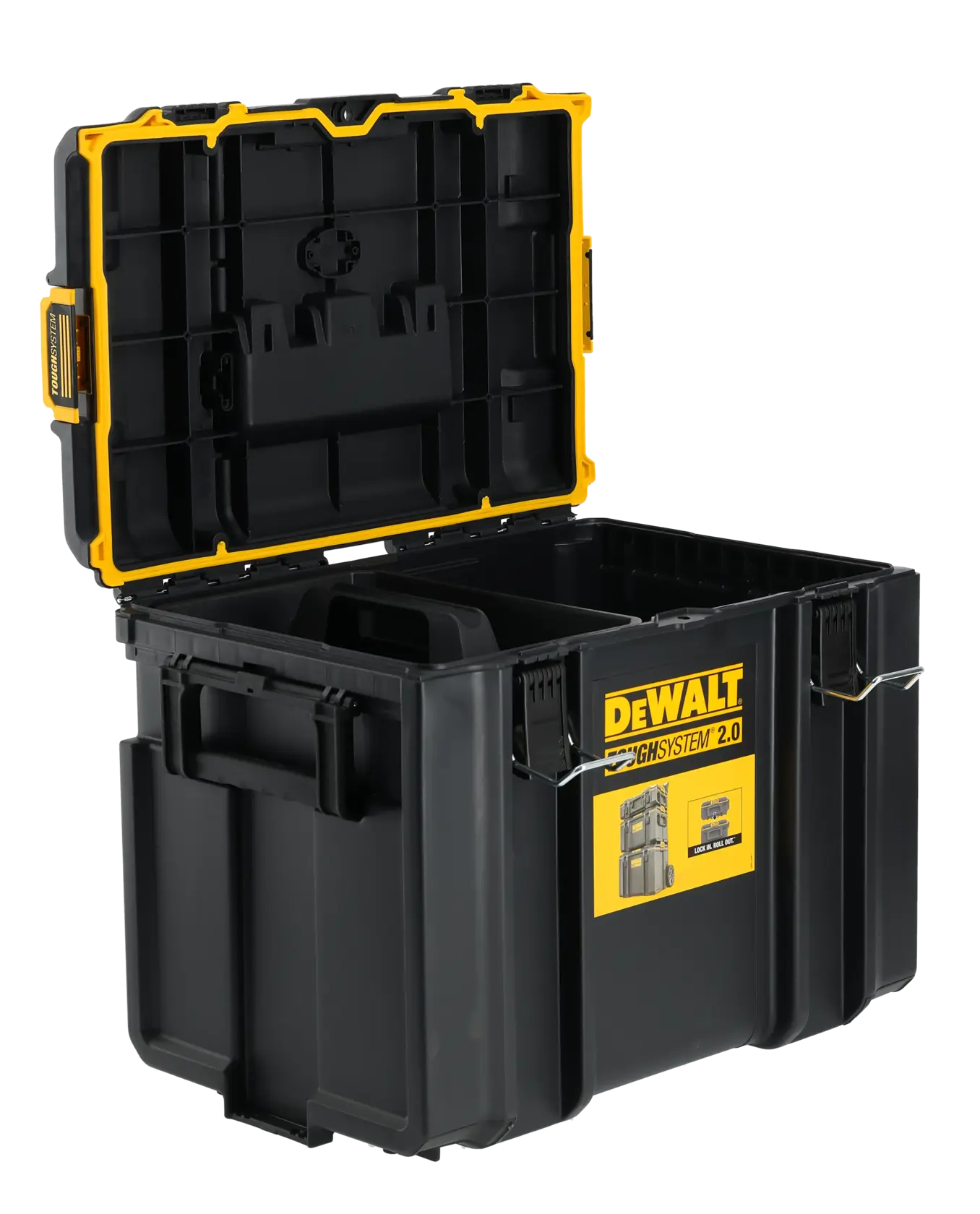 Caja de herramientas negra DEWALT con tapa abierta y detalles amarillos, etiqueta ToughSystem 2.0.