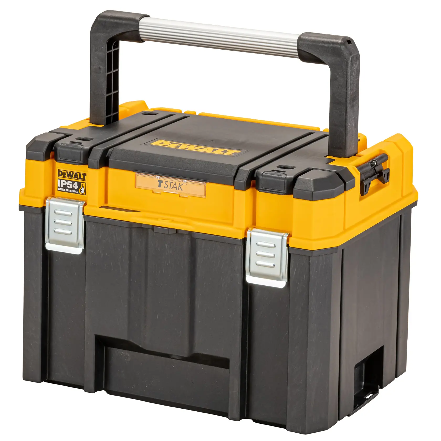Caja de herramientas DEWALT negra y amarilla con asa resistente y cierres metálicos.
