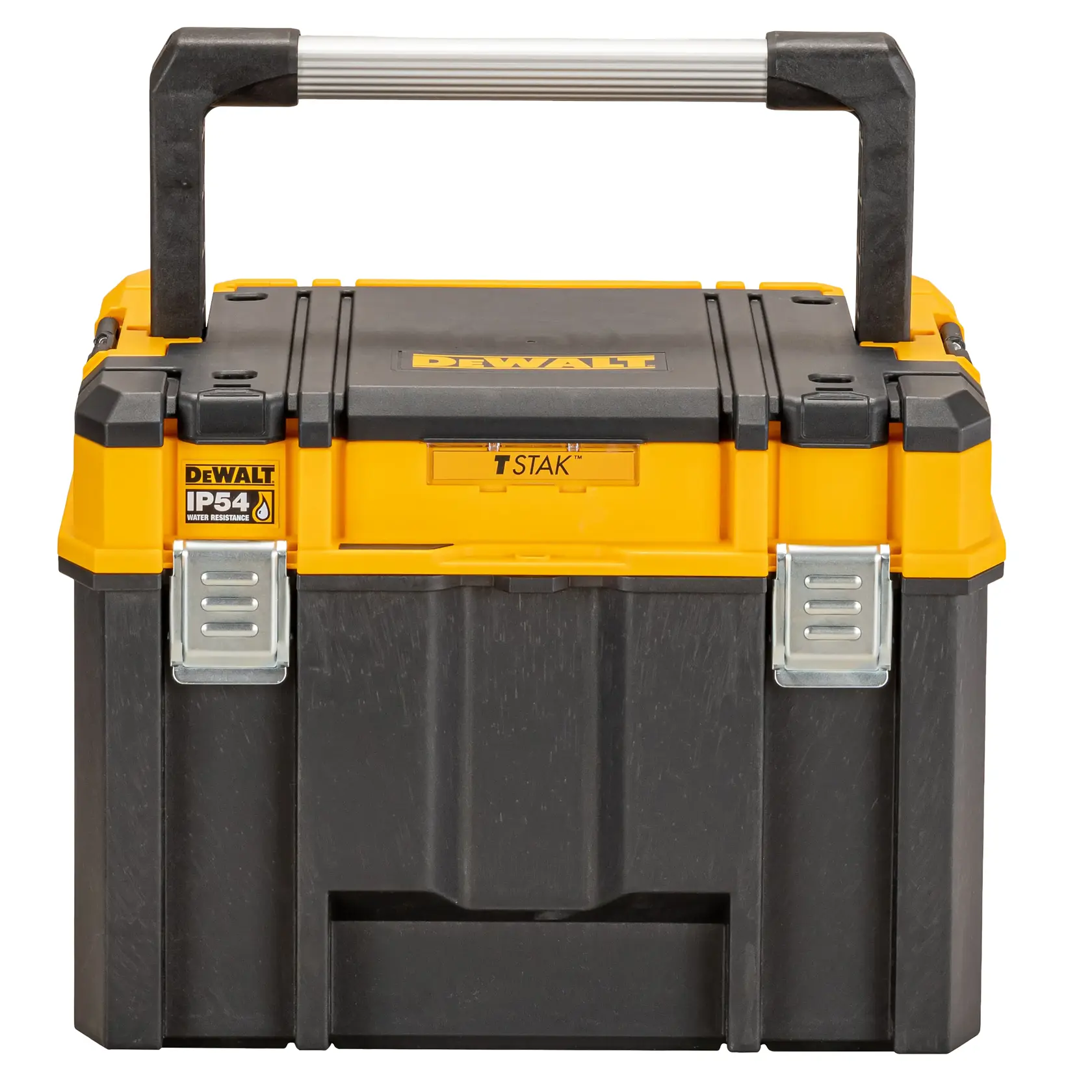 Caja de herramientas DEWALT TSTAK IP54 negra y amarilla con asa robusta.