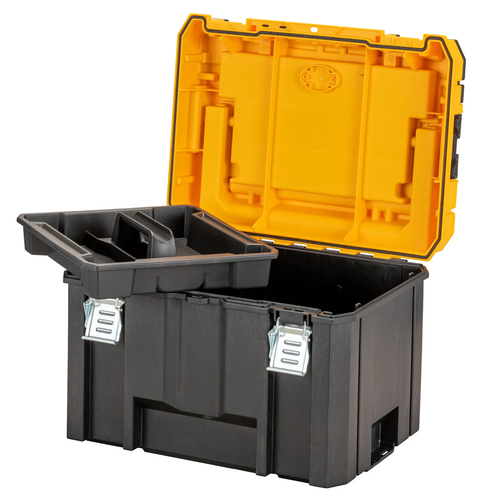 Caja de herramientas DEWALT negra y amarilla abierta con bandeja extraíble y compartimentos.