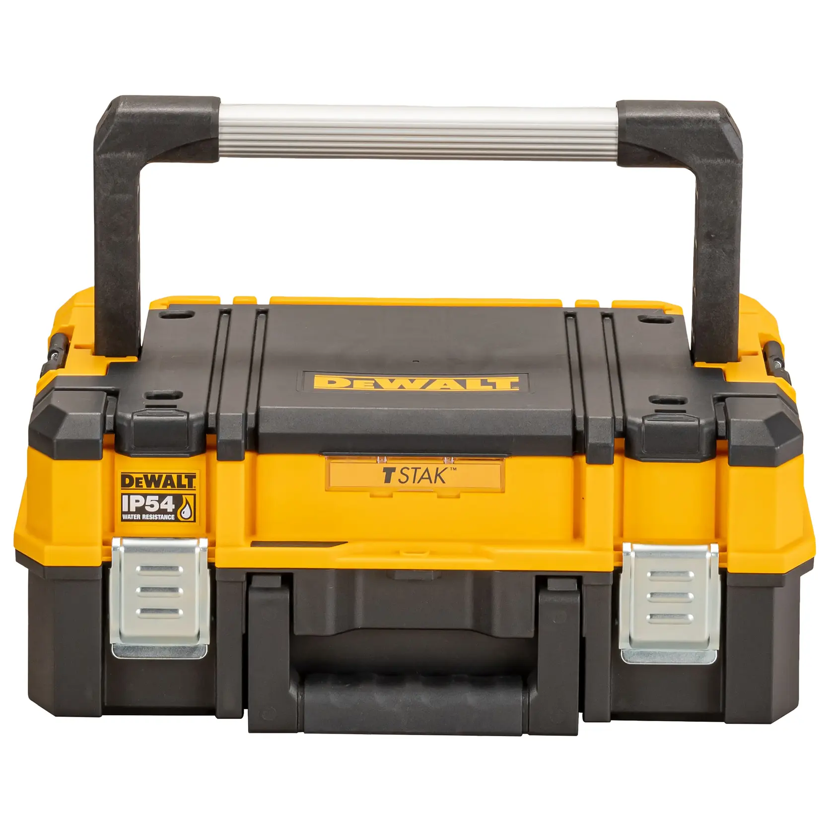 Caja de herramientas DEWALT TSTAK IP54 negra y amarilla con asa robusta, vista frontal.
