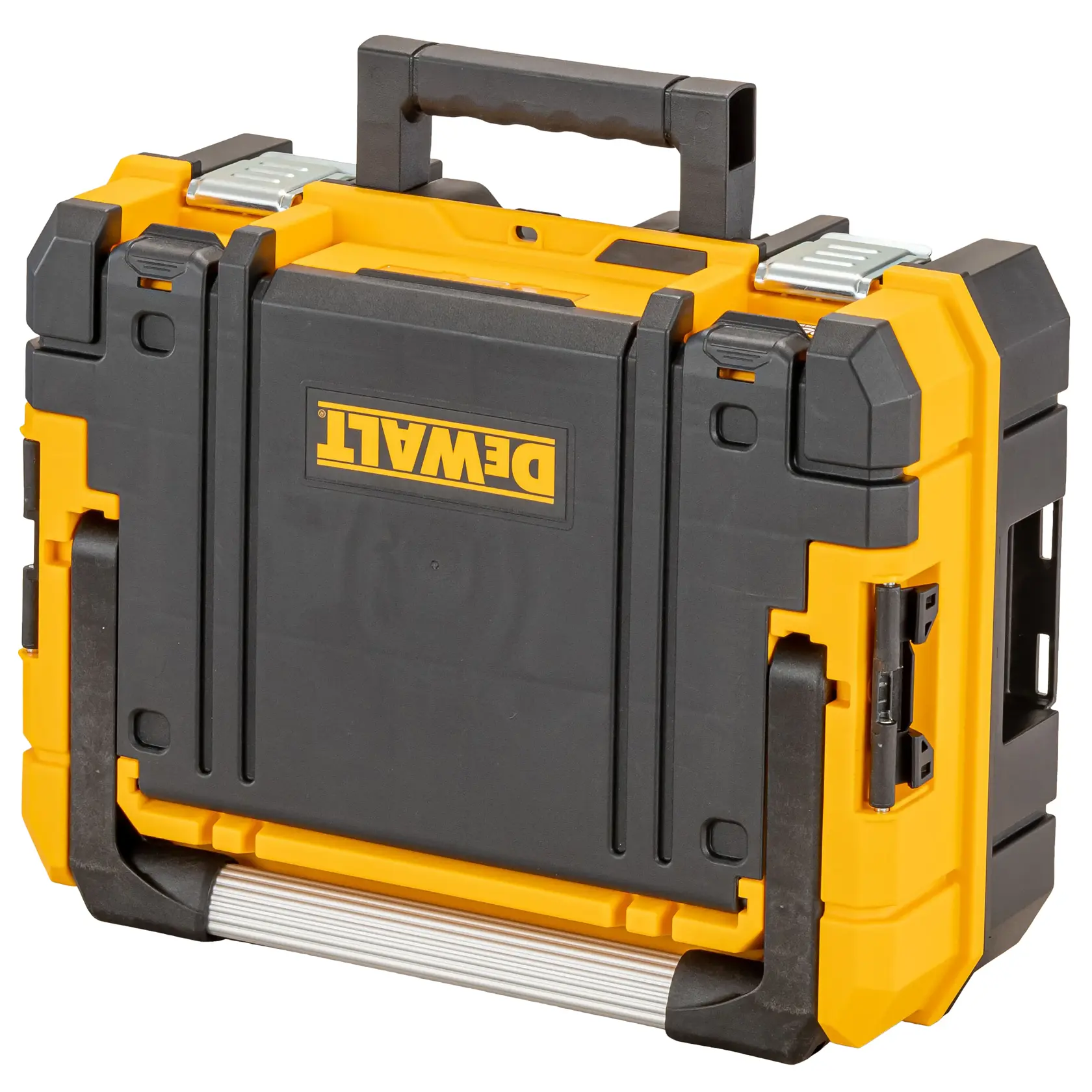 Caja de herramientas Dewalt negra y amarilla con asa y cierres metálicos para guardar y transportar.