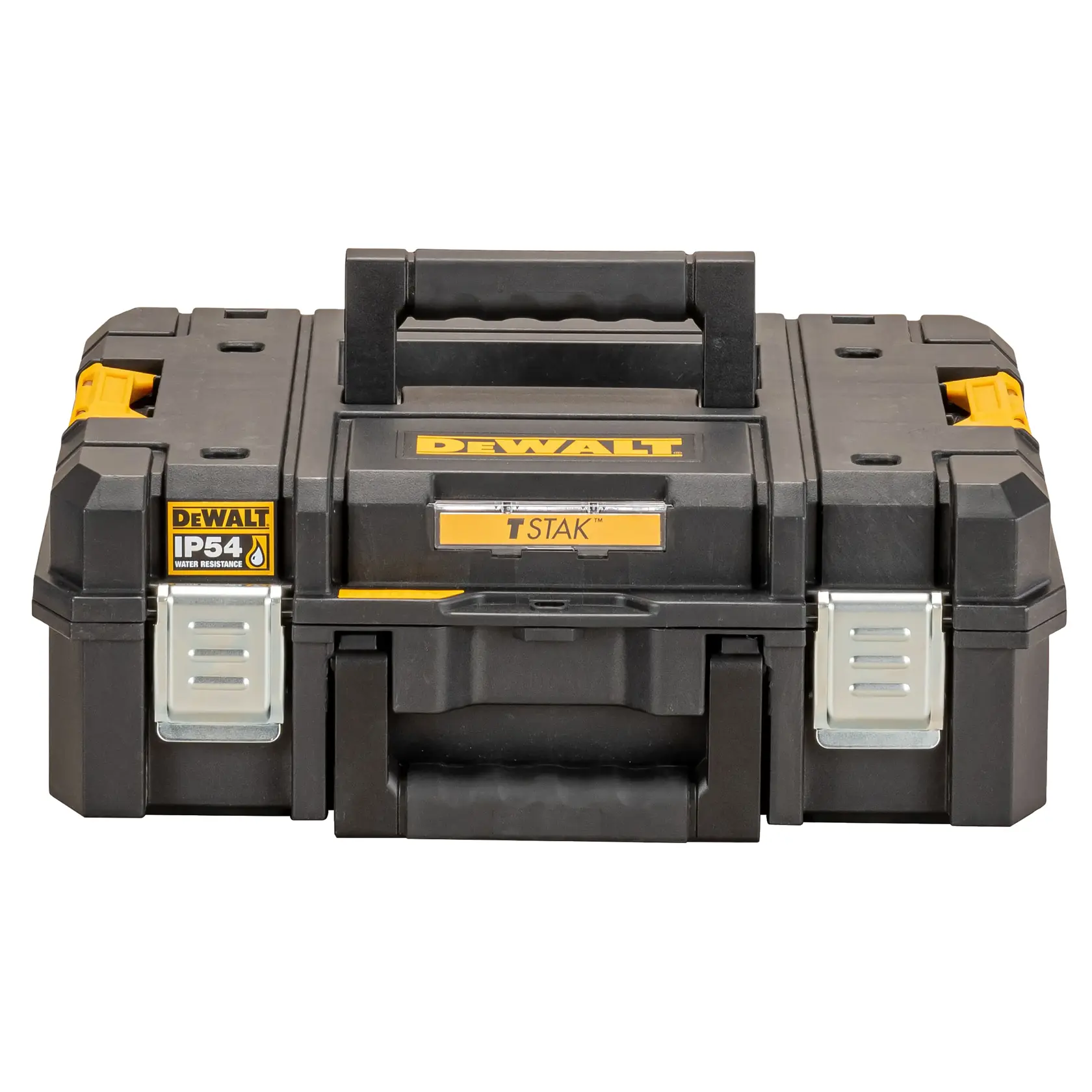 Caja de herramientas negra DEWALT TSTAK IP54 resistente al agua con asas y cierres metálicos.