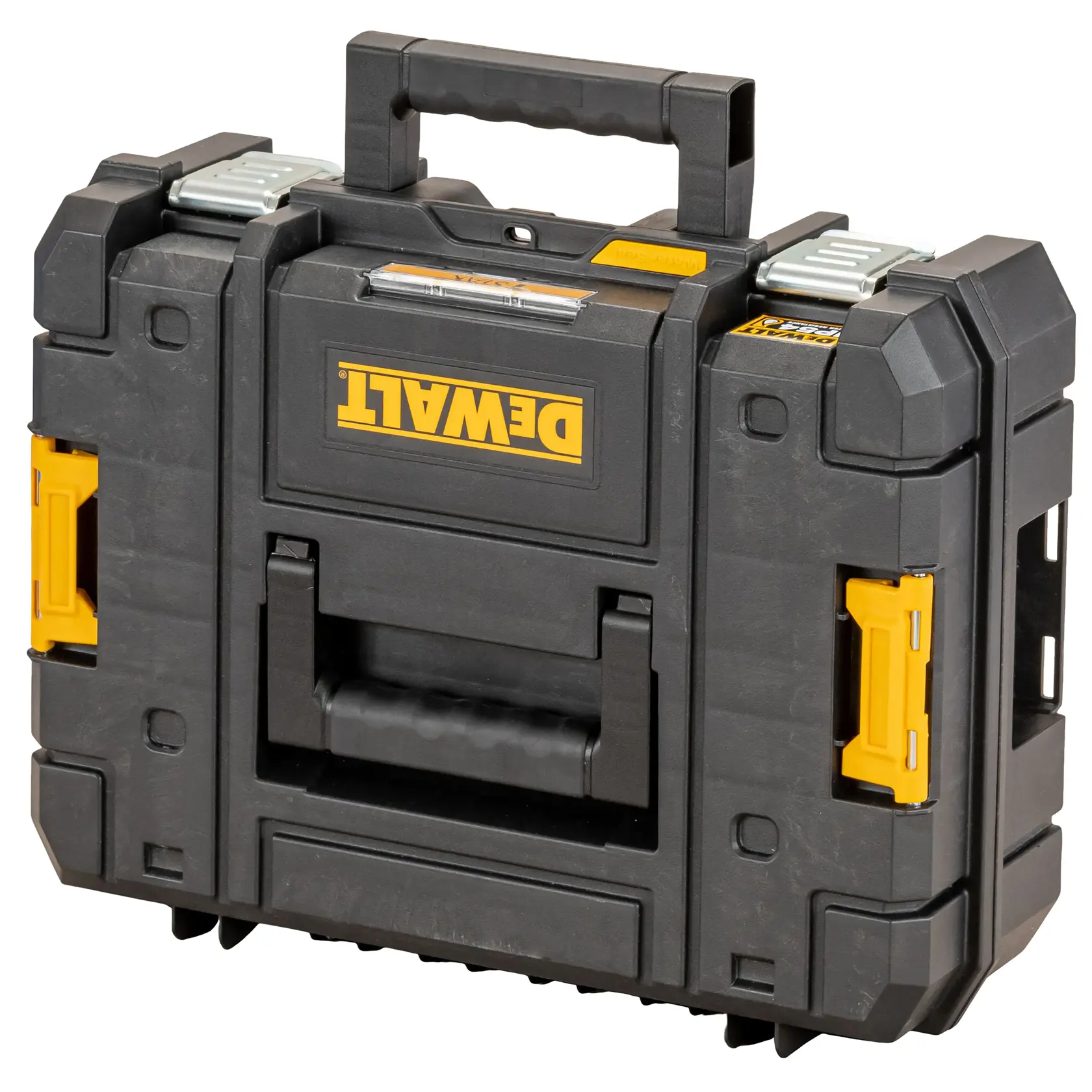 Caja de herramientas DEWALT negra de plástico duro, acentos amarillos y cierres metálicos seguros.