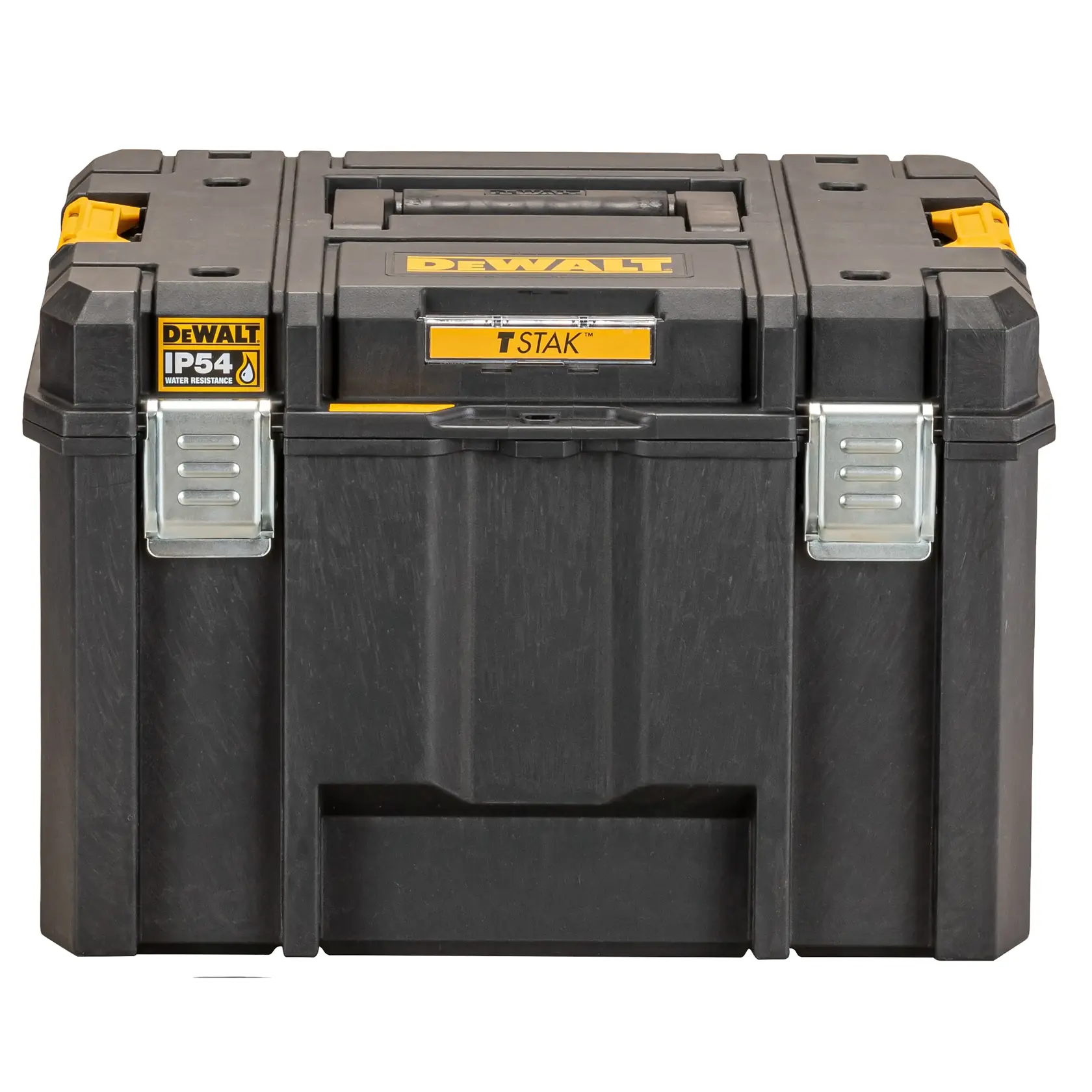 Vista frontal de caja de herramientas negra DEWALT TSTAK IP54 con detalles amarillos y cierres metálicos.