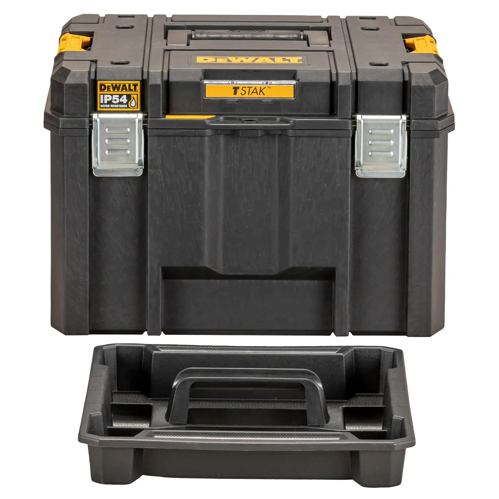 Caja de herramientas DEWALT negra con cierres metálicos y bandeja extraíble al frente.