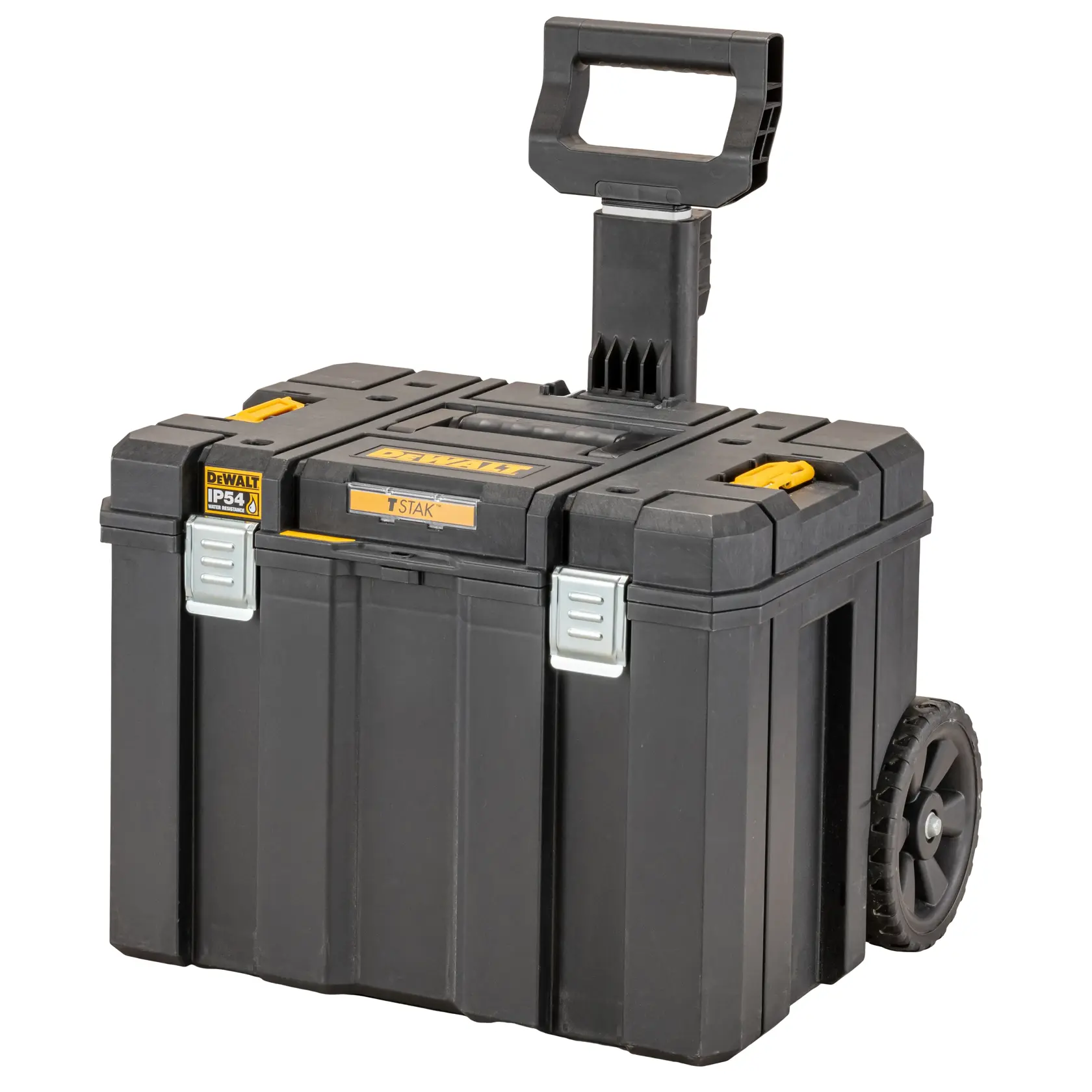 Caja de herramientas DEWALT negra con ruedas, asa telescópica y detalles amarillos.