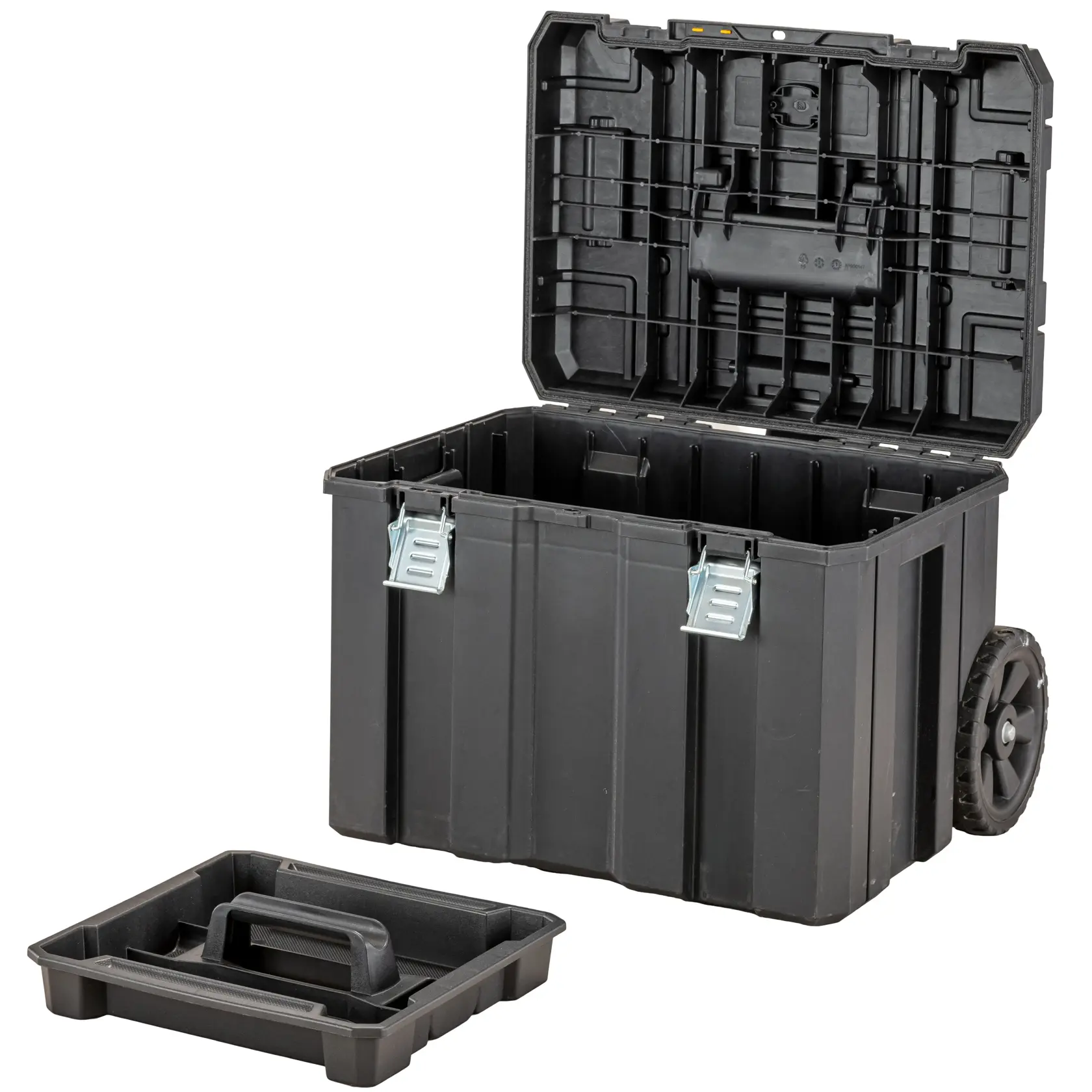 Caja de herramientas negra con ruedas, tapa abierta y bandeja extraíble al frente.