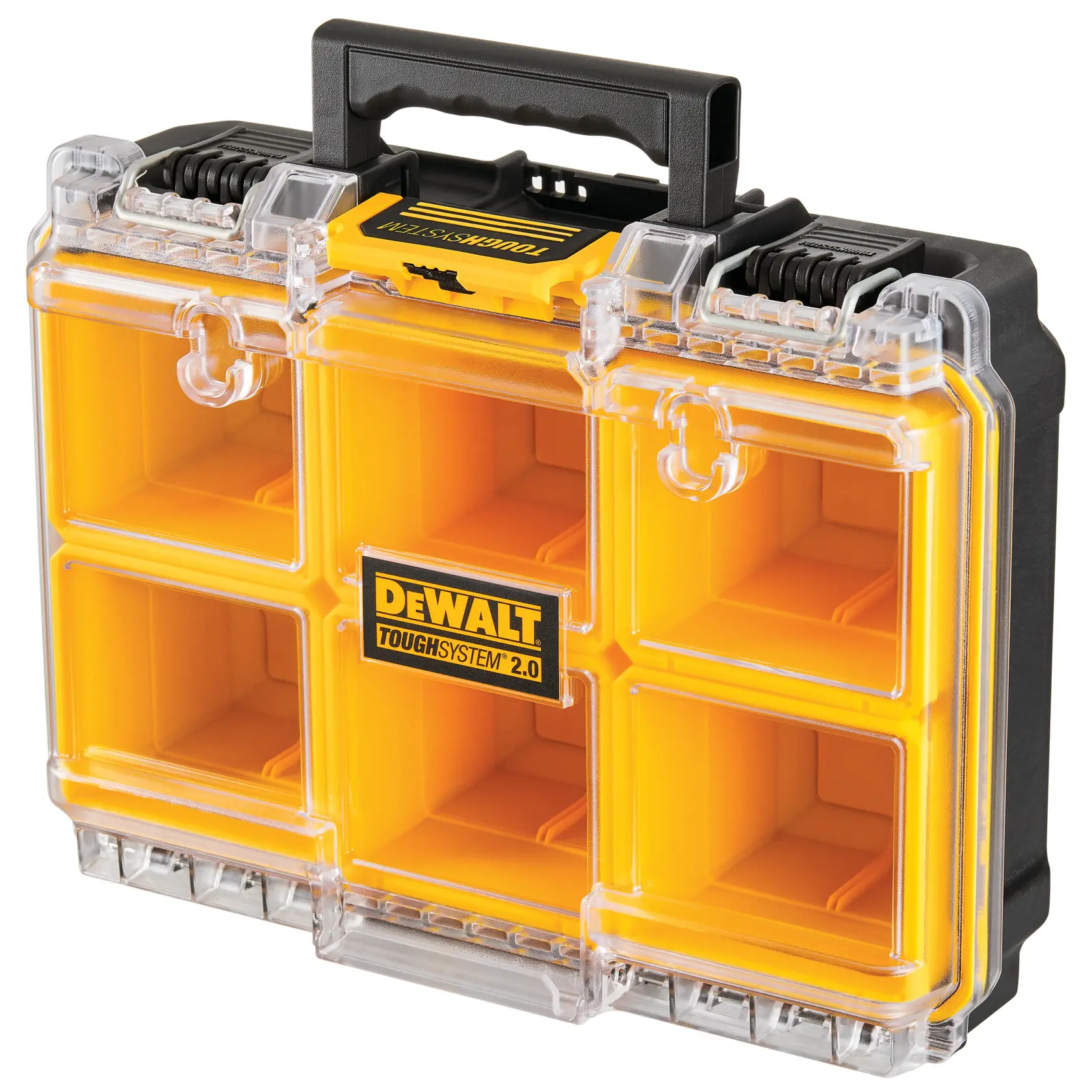 Organizador DEWALT ToughSystem 2.0 con compartimentos amarillos y tapa transparente, ideal para guardar herramientas.