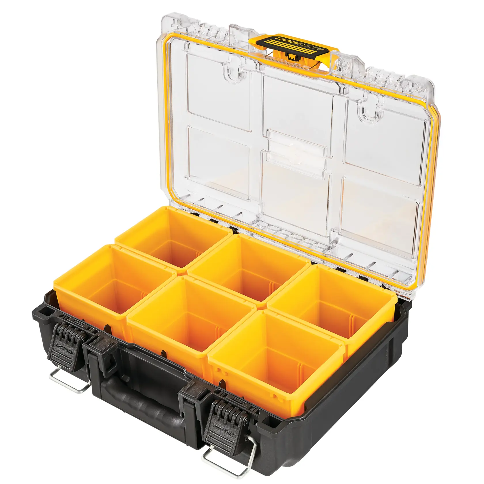 Organizador DEWALT abierto, tapa transparente y seis compartimentos amarillos para herramientas.