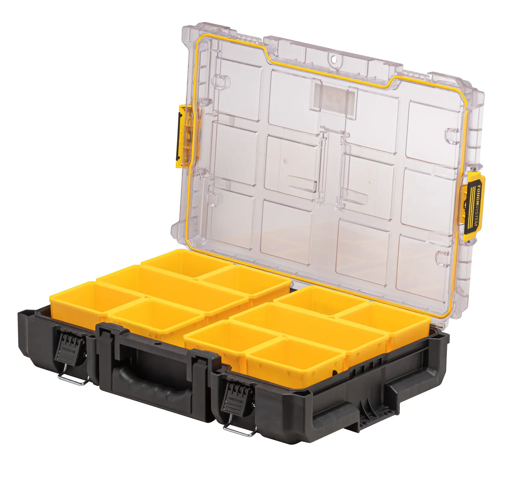 Organizador DEWALT abierto con compartimientos amarillos y tapa transparente.