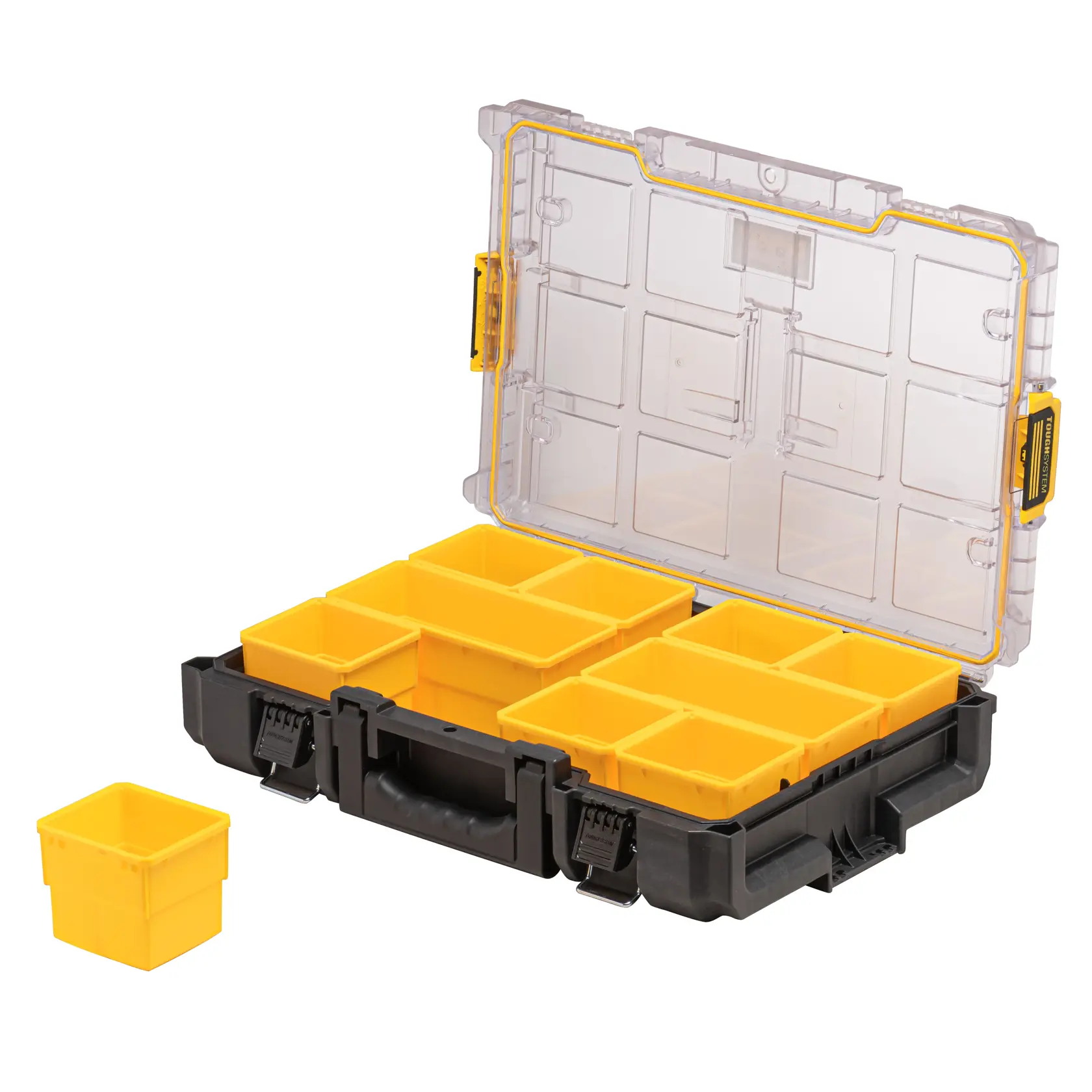 Organizador DEWALT con tapa transparente abierta y compartimentos amarillos extraíbles.