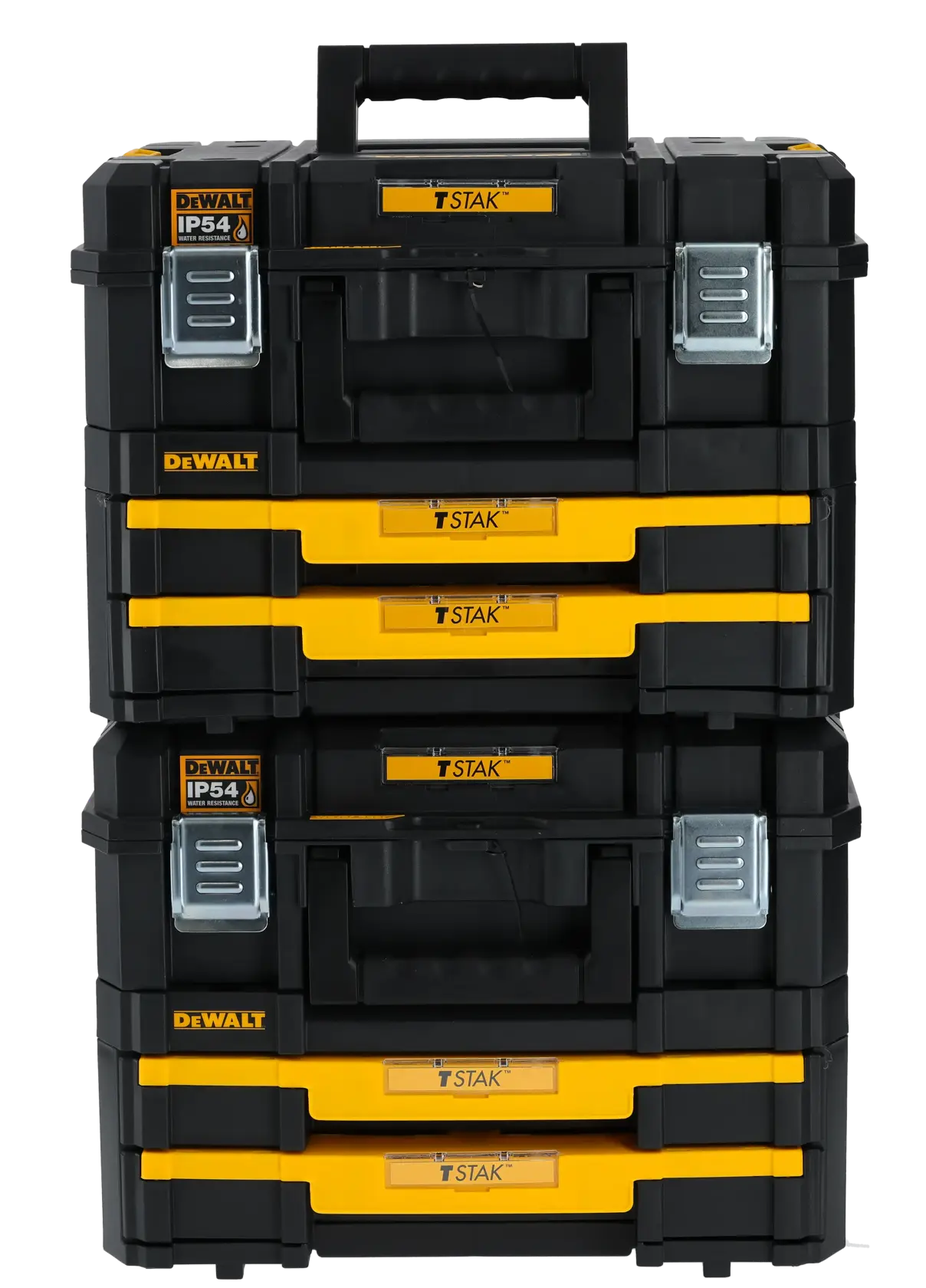 Cajas apilables DEWALT TSTAK negro/amarillo. SKUs: DWST83395, DWST83395-1. Categoría fotografía.