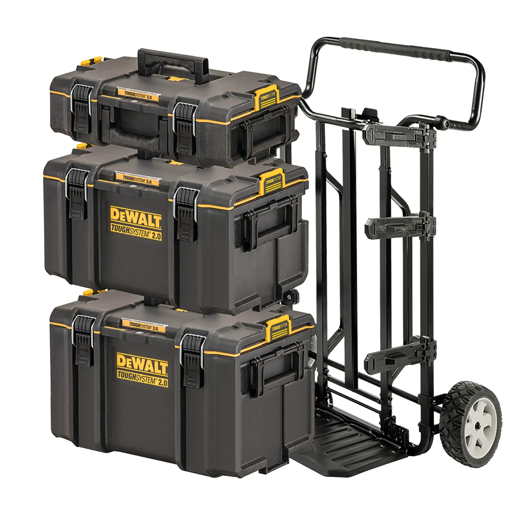Drei DEWALT ToughSystem 2.0 Werkzeugkisten auf schwarzem Rollwagen mit großen Rädern.