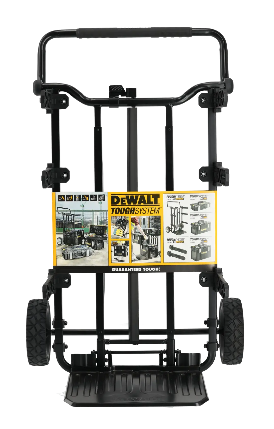 DEWALT ToughSystem Transportwagen mit großen Rädern und Griff zum Transport von Werkzeugkästen.