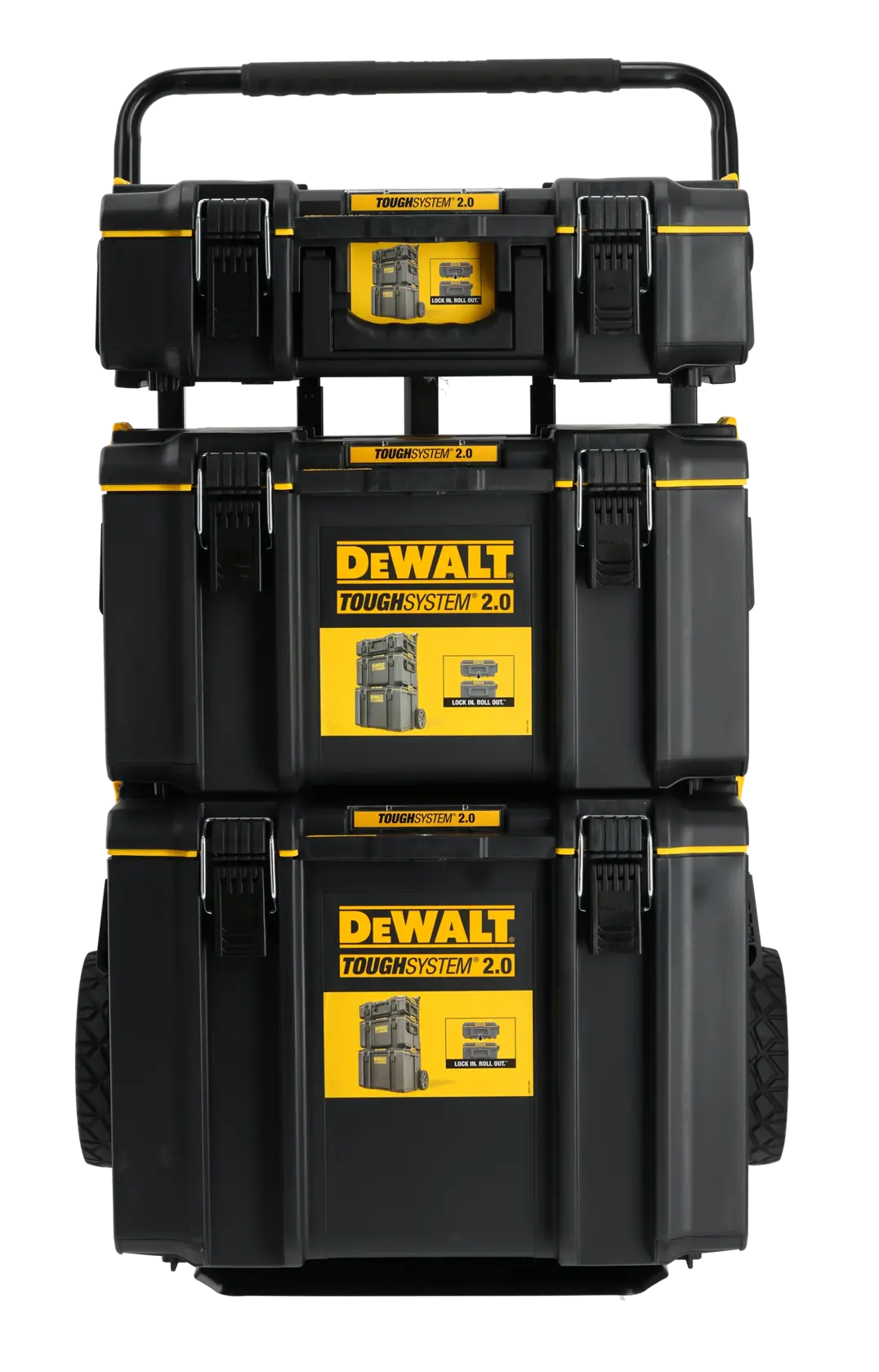 DEWALT ToughSystem 2.0 stapelbare Werkzeugboxen auf Rädern mit Griff, schwarz-gelb.