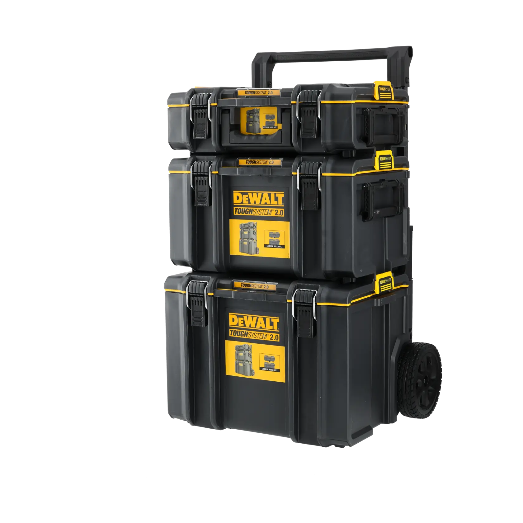 Tres cajas DEWALT ToughSystem 2.0 apiladas con ruedas y asa, para almacenamiento portátil seguro.
