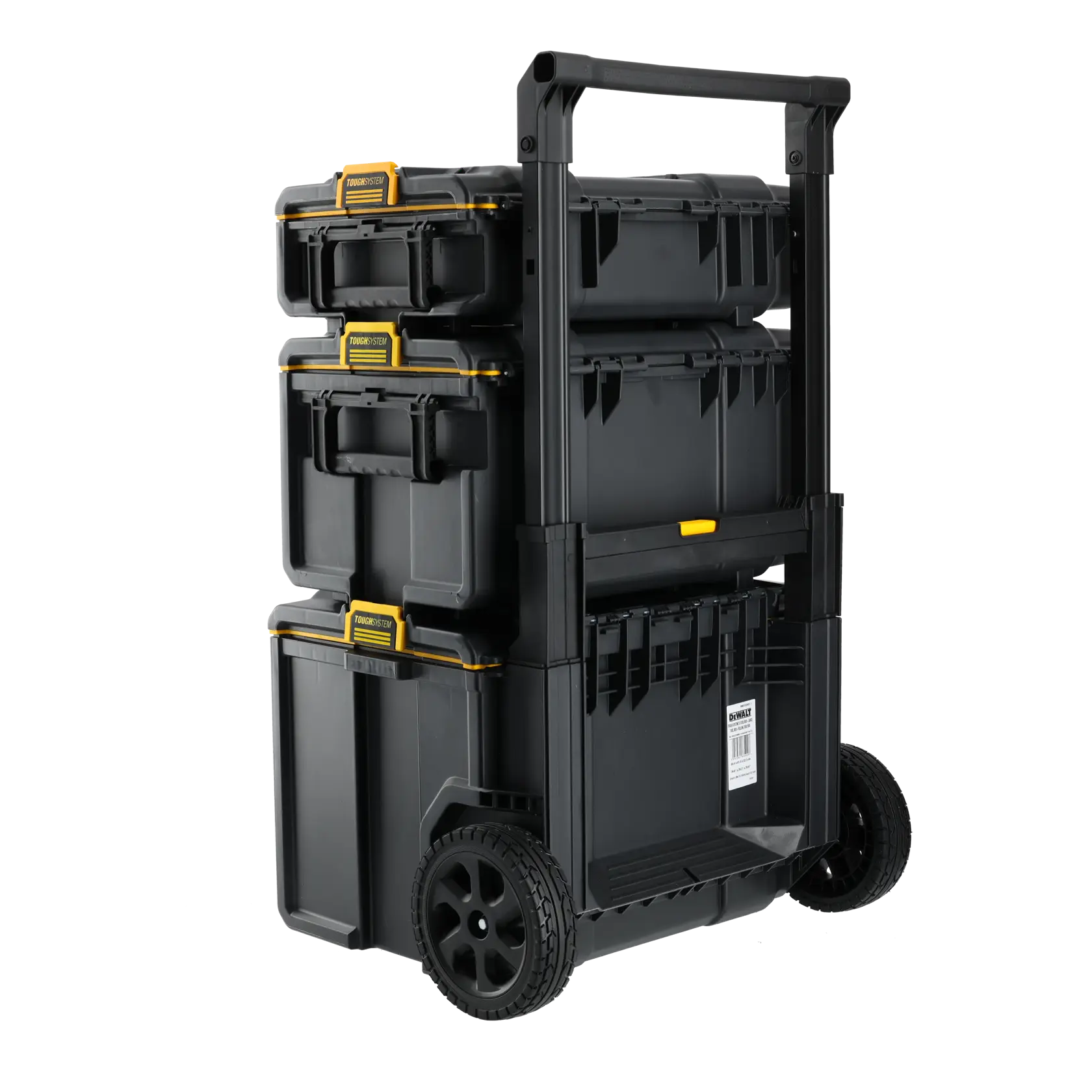 Cajas de herramientas DEWALT apilables en carrito con ruedas, negras con detalles amarillos, para organizar.