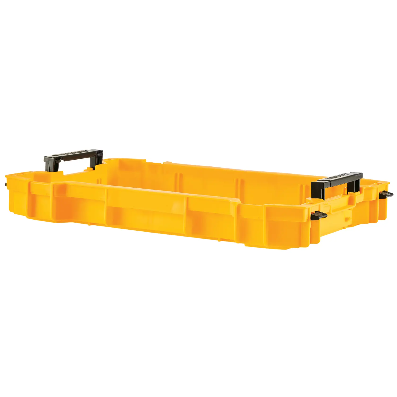 Gelbes DEWALT flaches Werkzeugfach mit schwarzen Griffen für Lagerung und Transport.