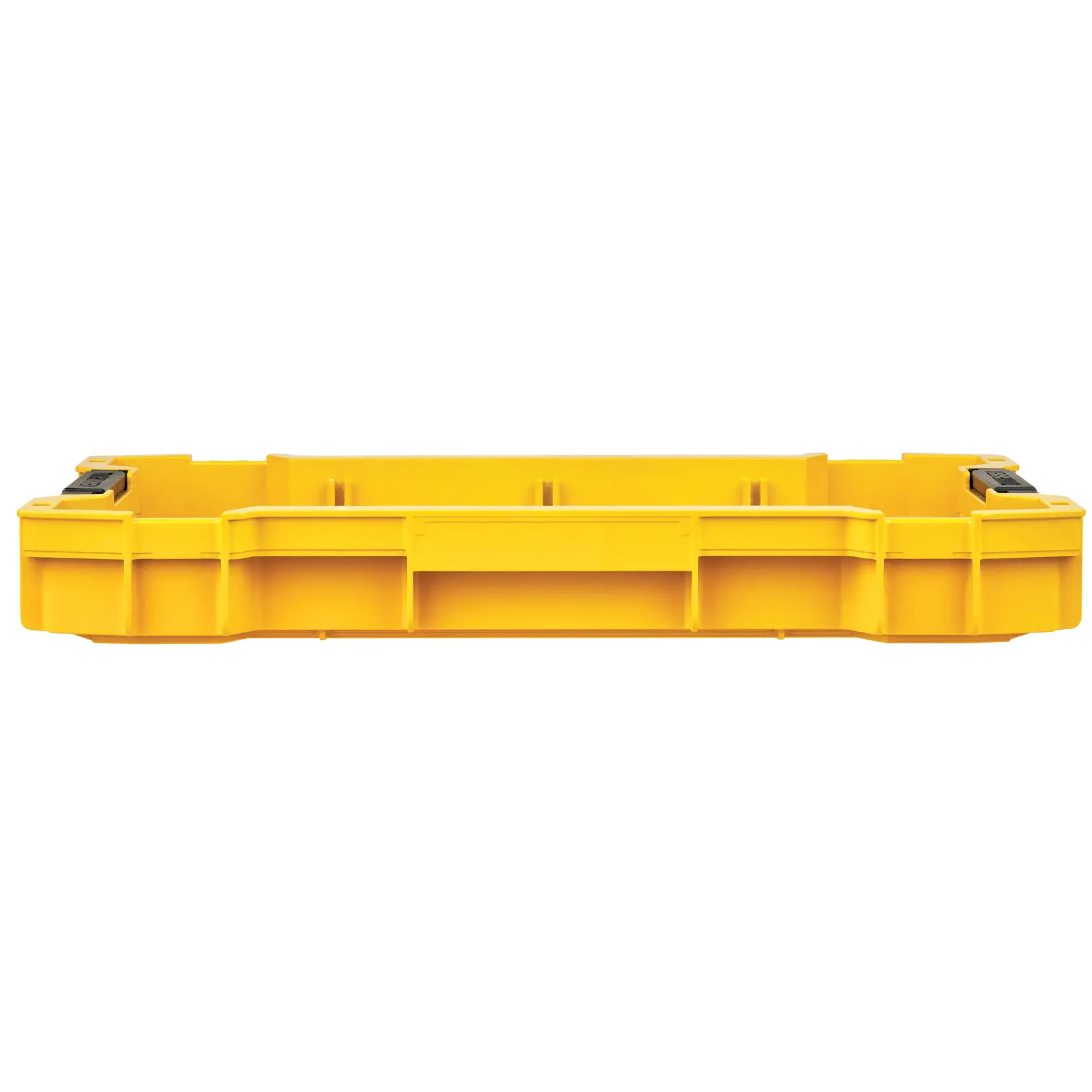 Gelber DEWALT Werkzeugkasten-Deckel mit zwei schwarzen Verschlüssen vor weißem Hintergrund.