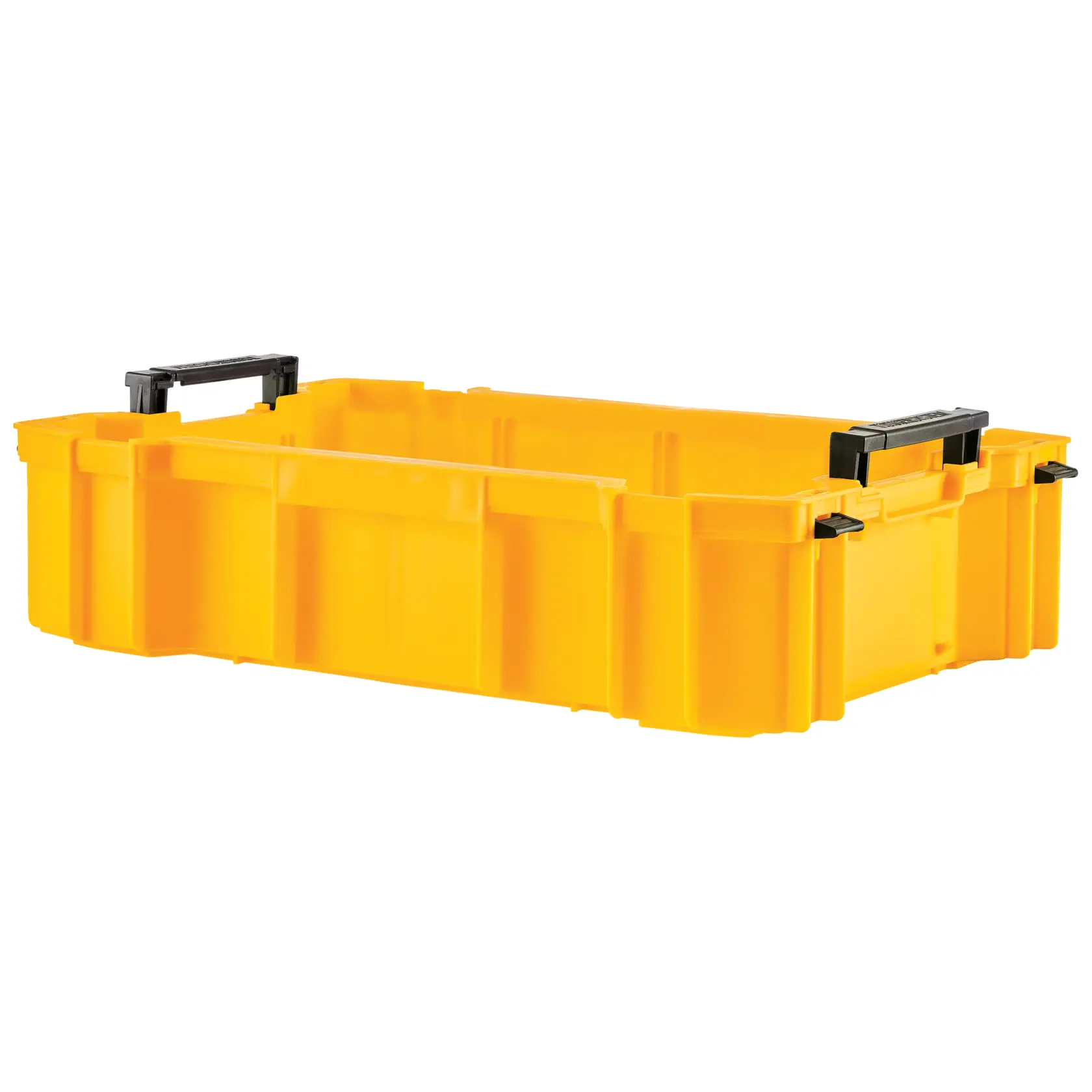 Gelbe DEWALT-Aufbewahrungsbox mit schwarzen Griffen, offen und leer, für Werkzeuge und Zubehör.