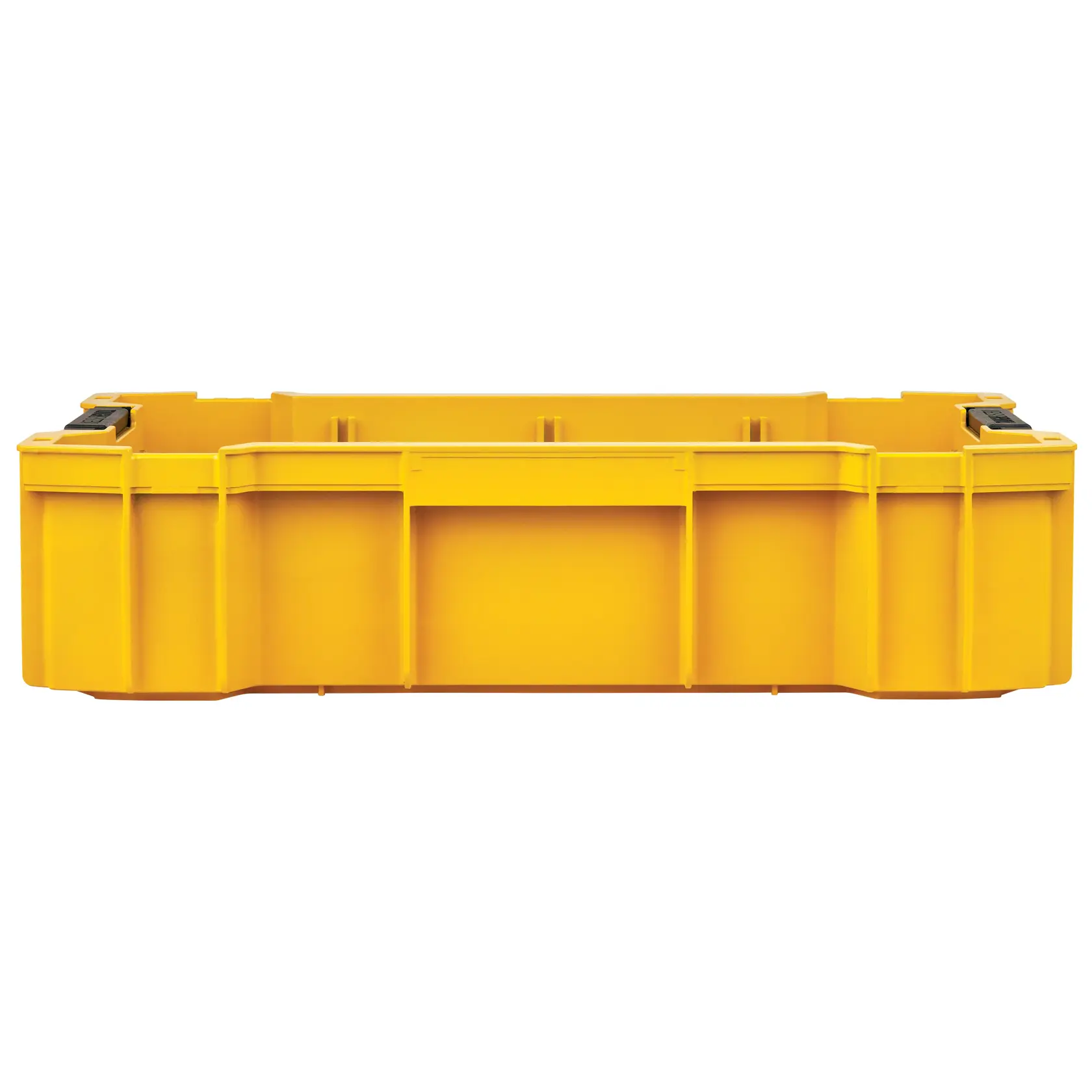 Gelbe DEWALT Aufbewahrungsbox mit schwarzen Verschlüssen, frontal gezeigt, für Werkzeuge oder Zubehör.