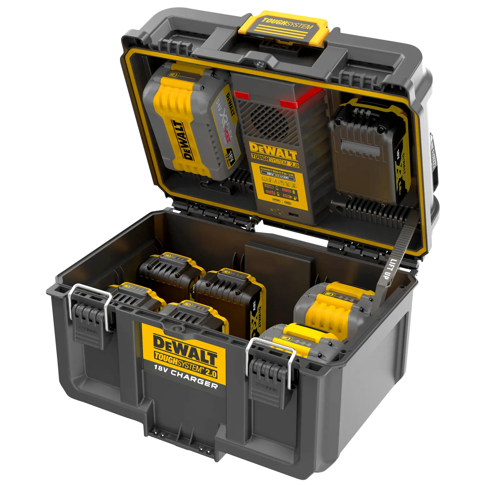 Geöffnete DEWALT ToughSystem 2.0 Box mit 18V Ladegerät und mehreren Akkus zur Werkzeuglagerung und Ladung.