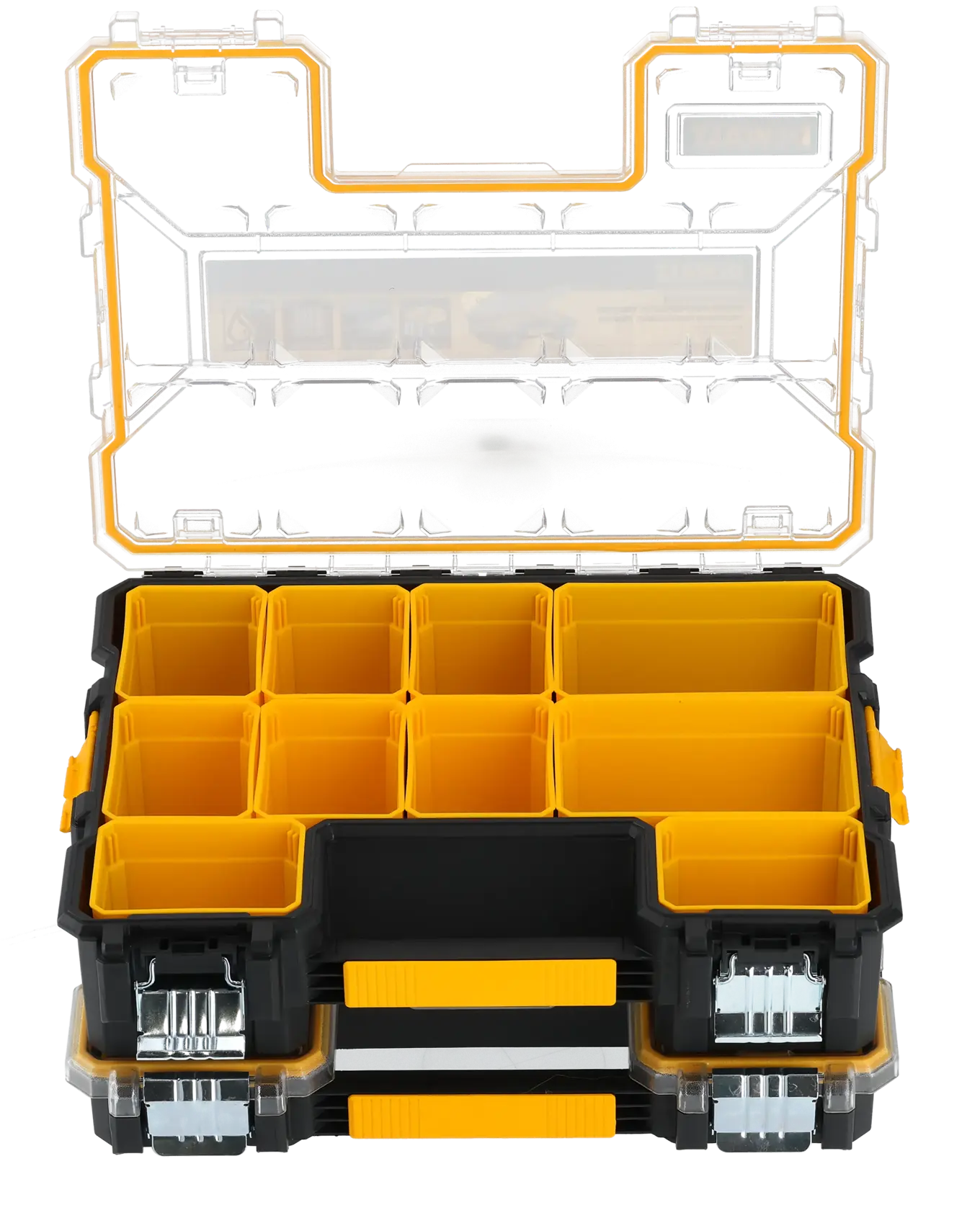Caja organizadora DEWALT abierta con compartimentos amarillos y tapa transparente para herramientas o piezas.