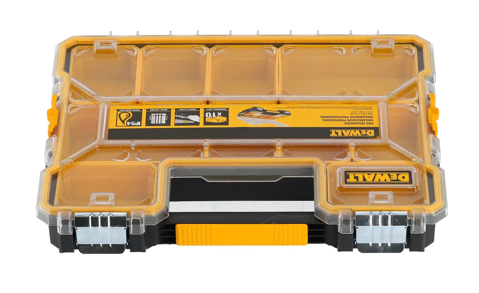Caja organizadora DEWALT con compartimentos amarillos y tapa transparente para herramientas o accesorios pequeños.