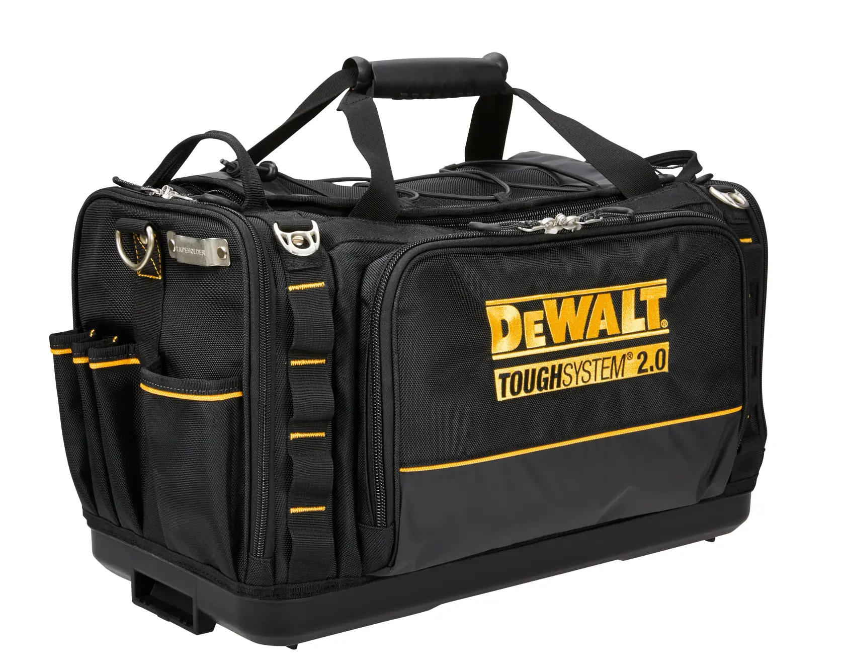 DEWALT ToughSystem 2.0 schwarze Werkzeugtasche mit Taschen und stabilen Griffen.