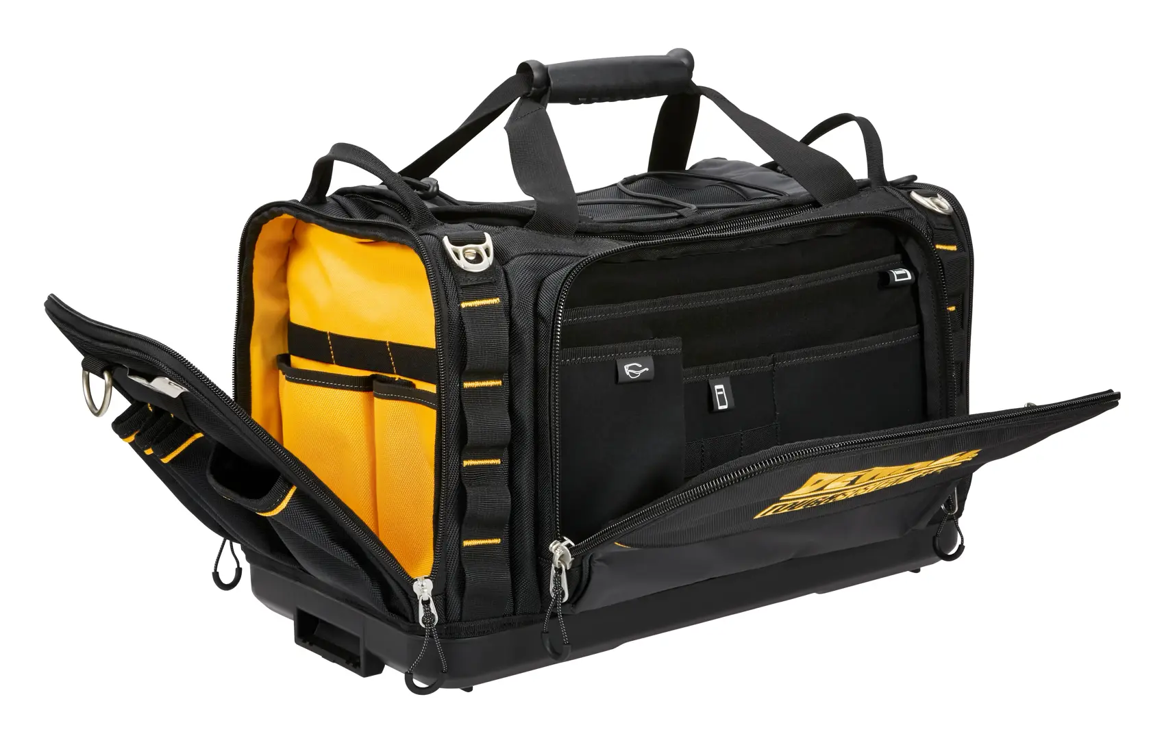 DEWALT Werkzeugtasche mit offenen Fächern, schwarz-gelb, robusten Griffen und Reißverschlusstaschen.