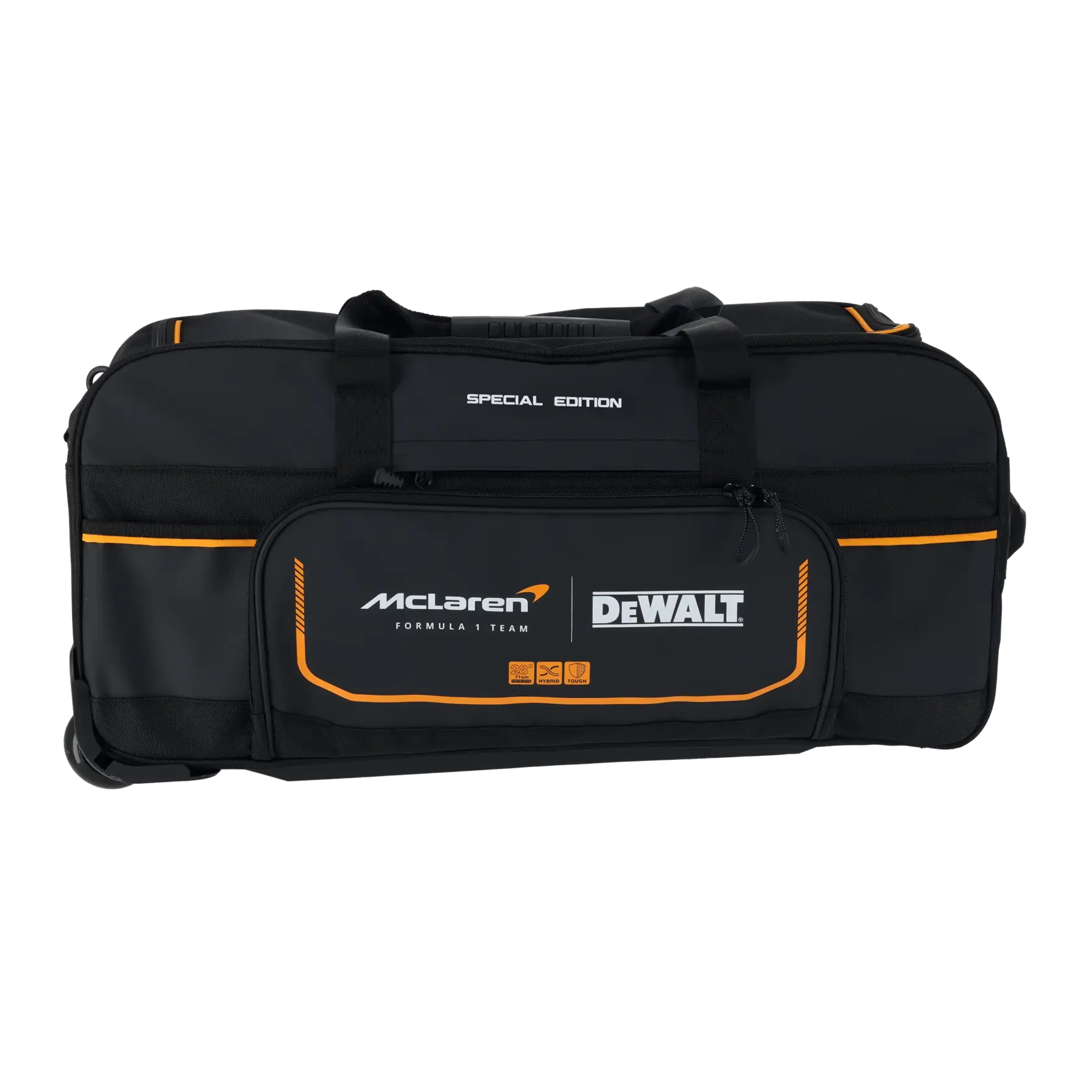 Bolsa de herramientas DEWALT negro edición especial con logo McLaren, detalles naranjas, asas y bolsillo frontal.