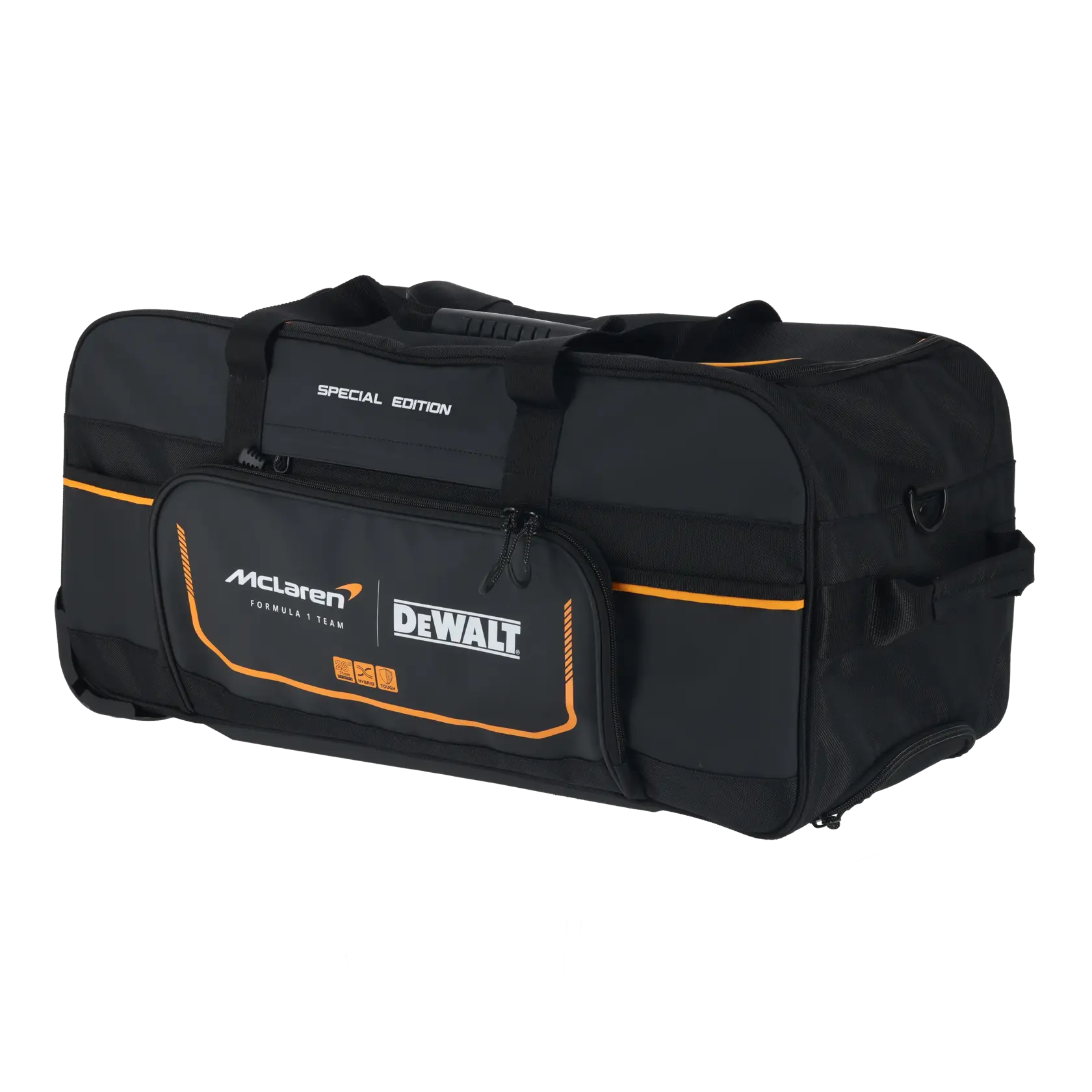 Bolsa de herramientas negra DEWALT McLaren, edición especial, con detalles naranjas y bolsillo frontal.