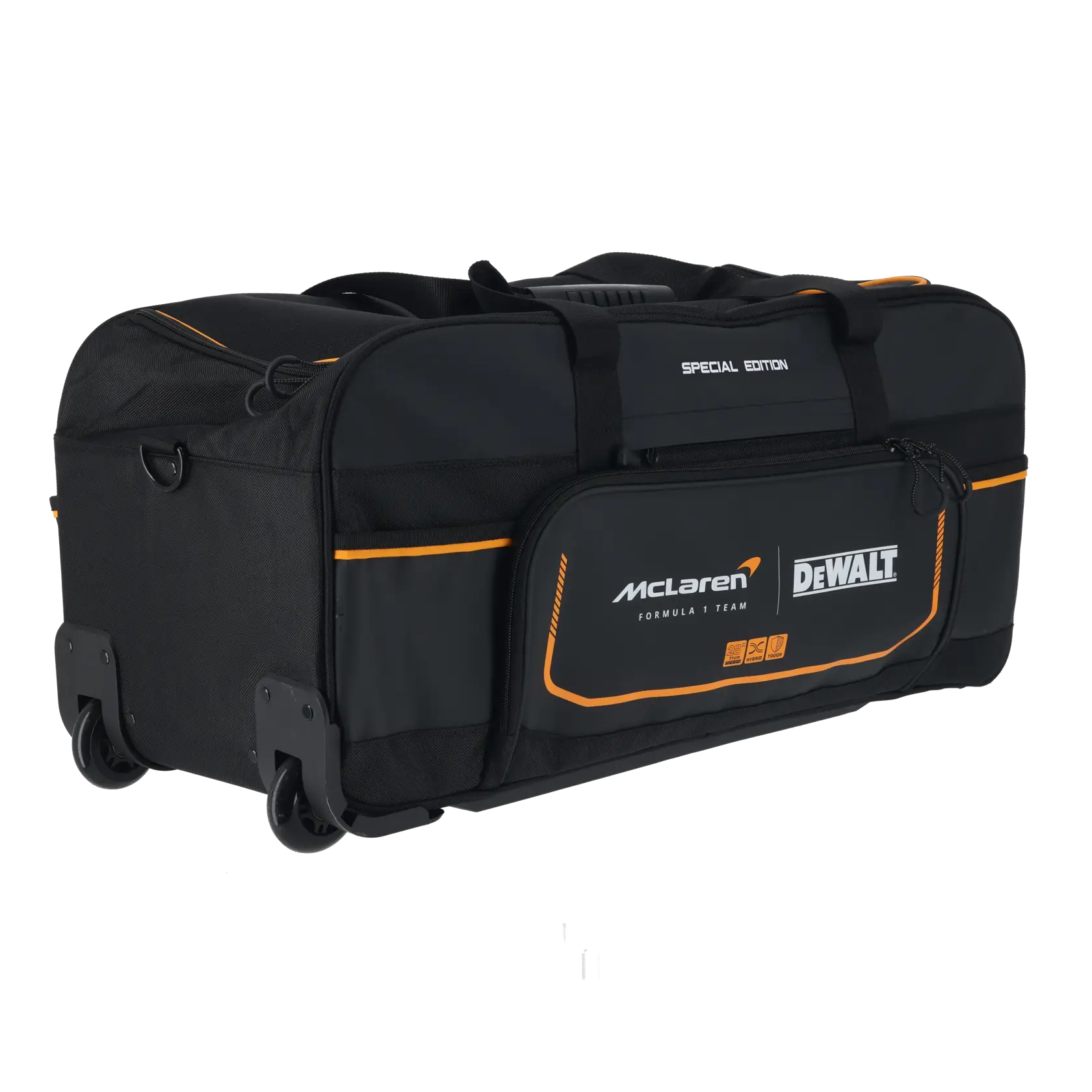 Bolsa de herramientas DEWALT McLaren negra edición especial con ruedas, detalles naranjas y bolsillo lateral.