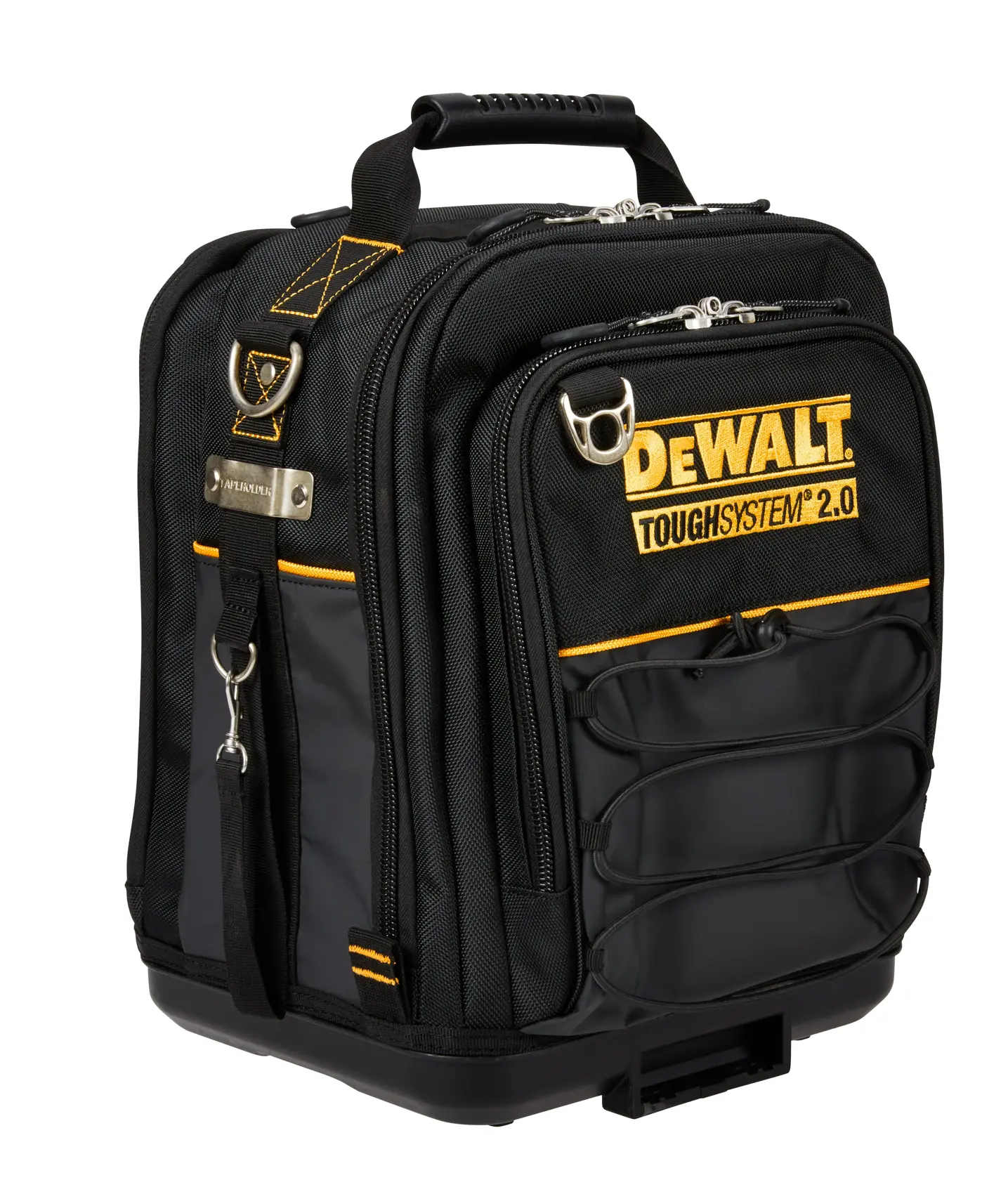 Schwarzer DEWALT ToughSystem 2.0 Fototasche mit vielen Fächern und stabilem Griff.