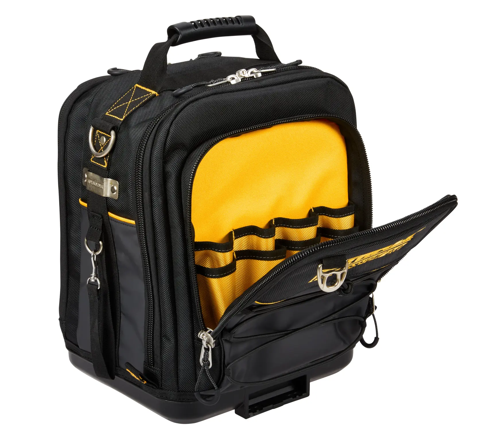 Schwarz-gelber DEWALT Rucksack mit offenem Frontfach und sichtbaren Innenfächern.