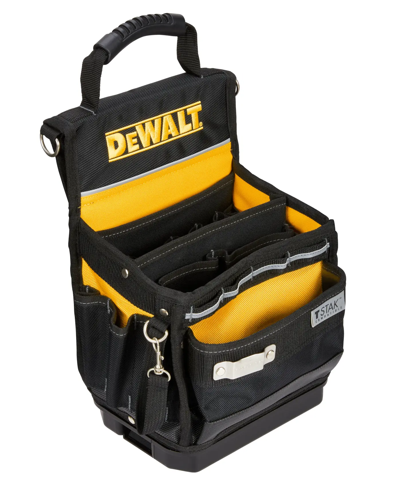 Eine DEWALT Werkzeugtasche in Schwarz und Gelb mit mehreren Fächern, einem stabilen Griff oben und einem Metallclip an der Vorderseite. Die Tasche ist zum Aufbewahren und Transportieren von Werkzeugen und Zubehör gedacht.