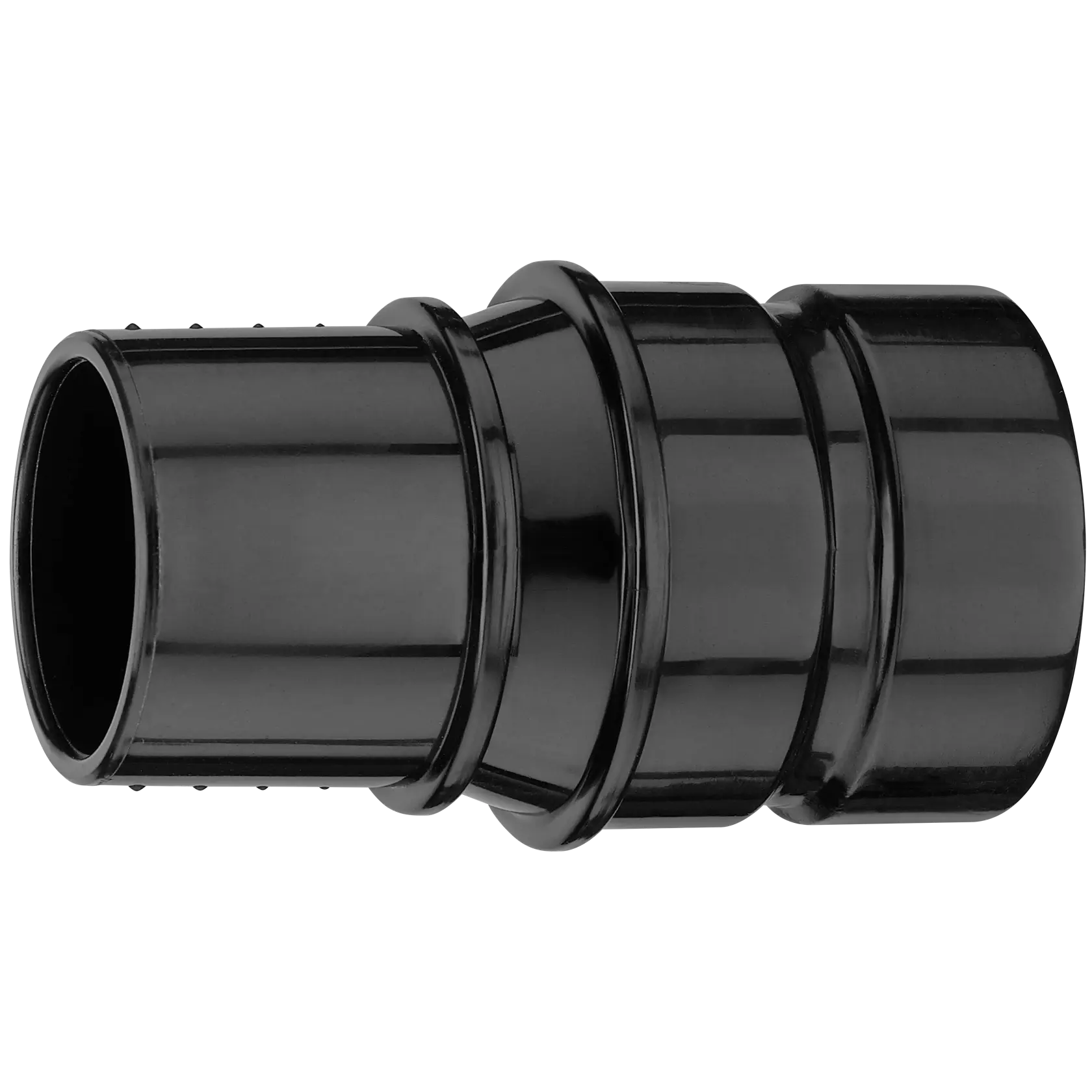Un adaptador conector de plástico negro, normalmente usado para unir mangueras o tubos, mostrado sobre un fondo blanco.